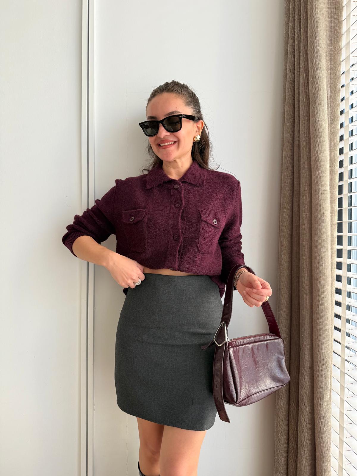 Mürdüm Cepli Triko Hırka 4787