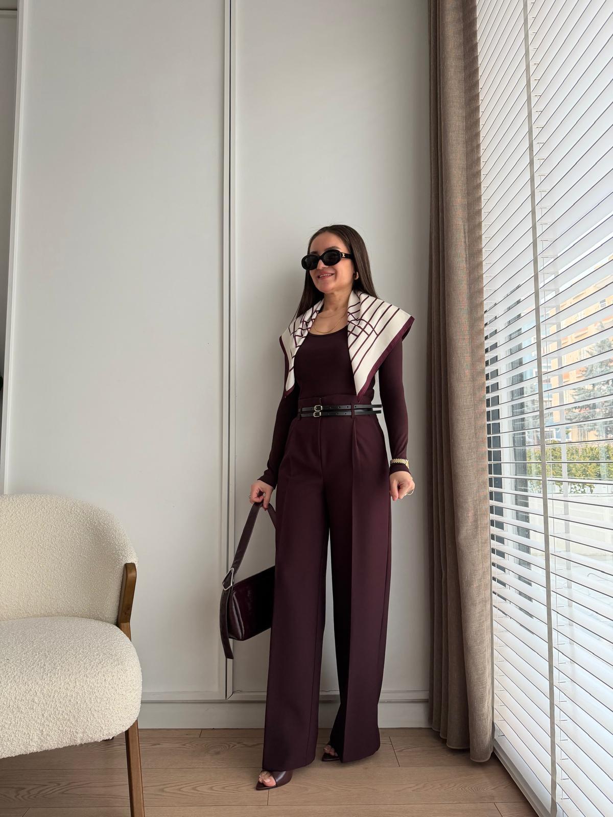 Mürdüm Çift Kemerli Palazzo Pantolon 3663