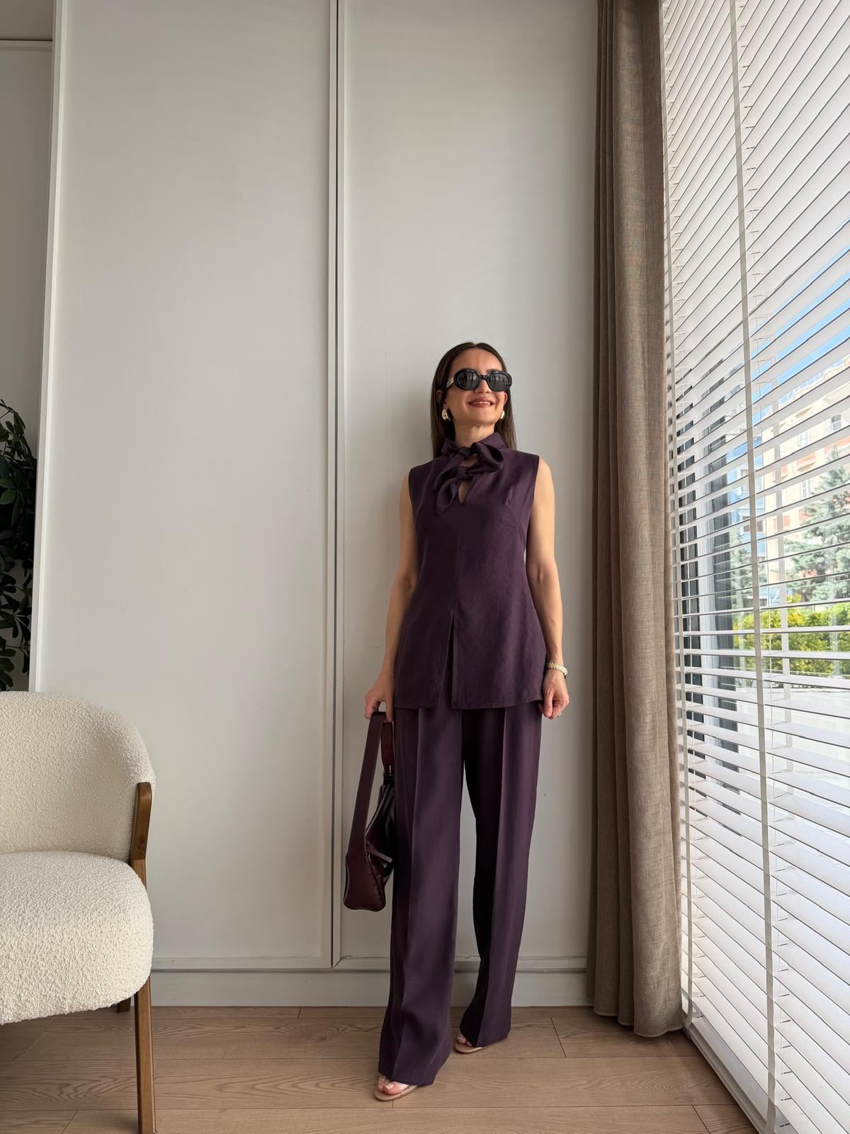 Mürdüm Fiyonklu Bluz Pantolon Tensel Takım 9030