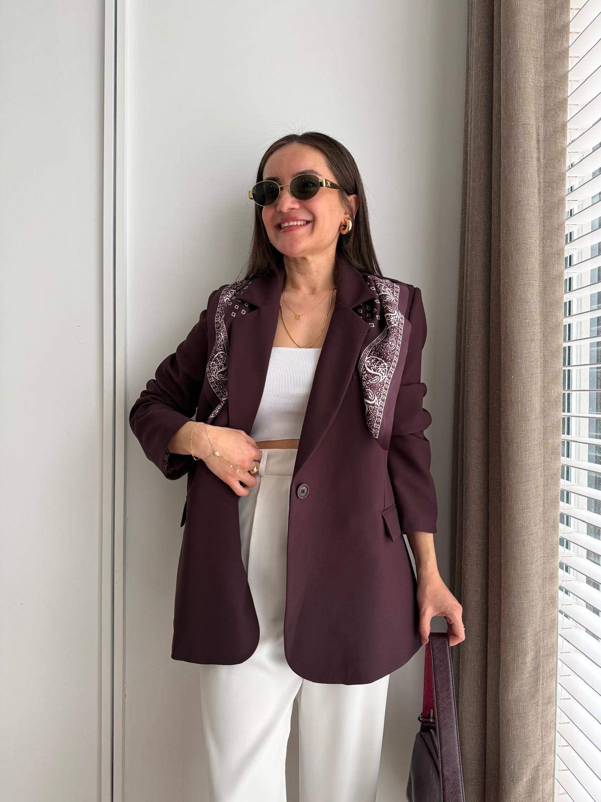 Mürdüm Fular Detaylı Vatkalı Blazer Ceket 7665