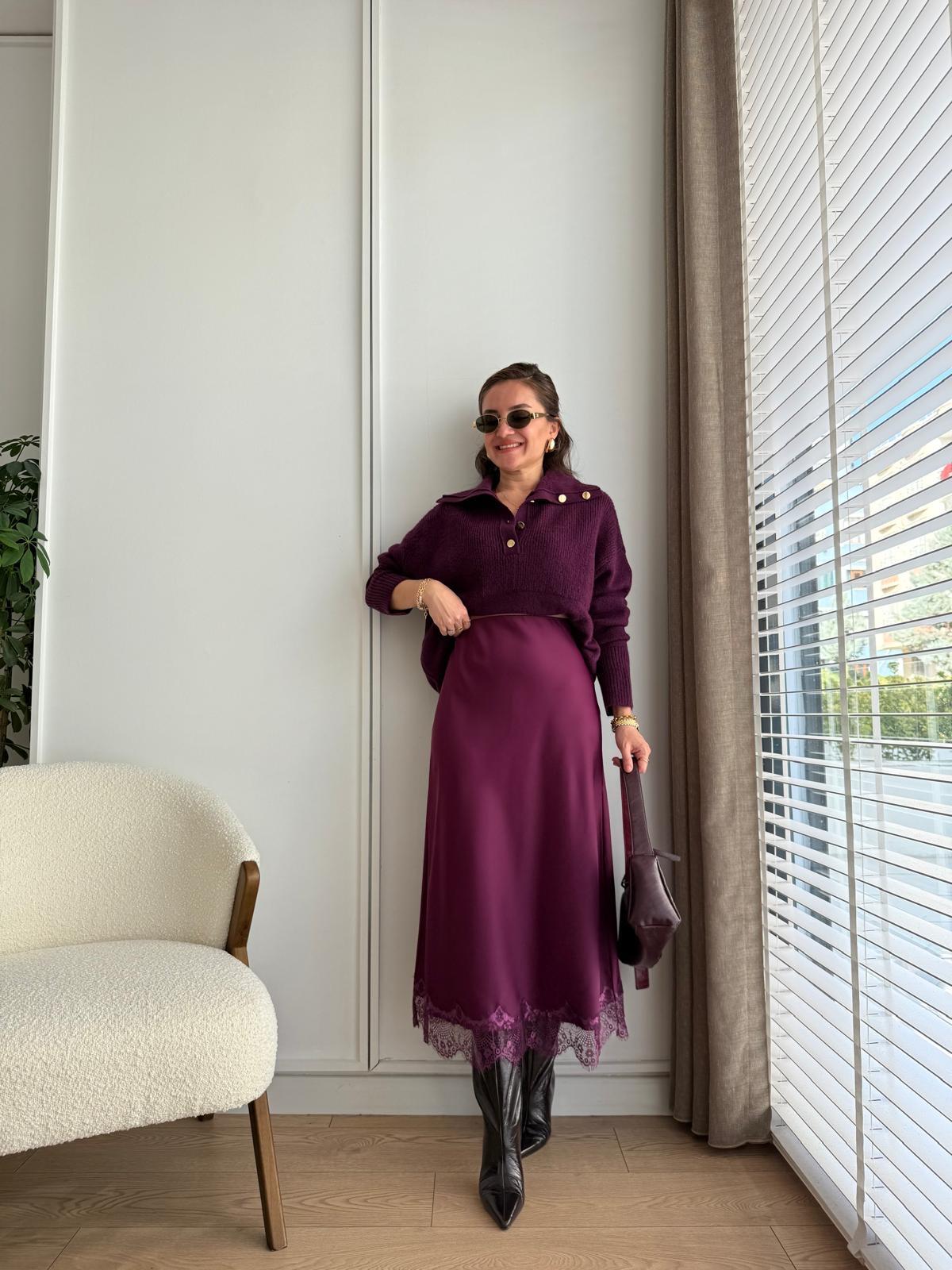 Mürdüm Güpür Detaylı Saten Etek 580547