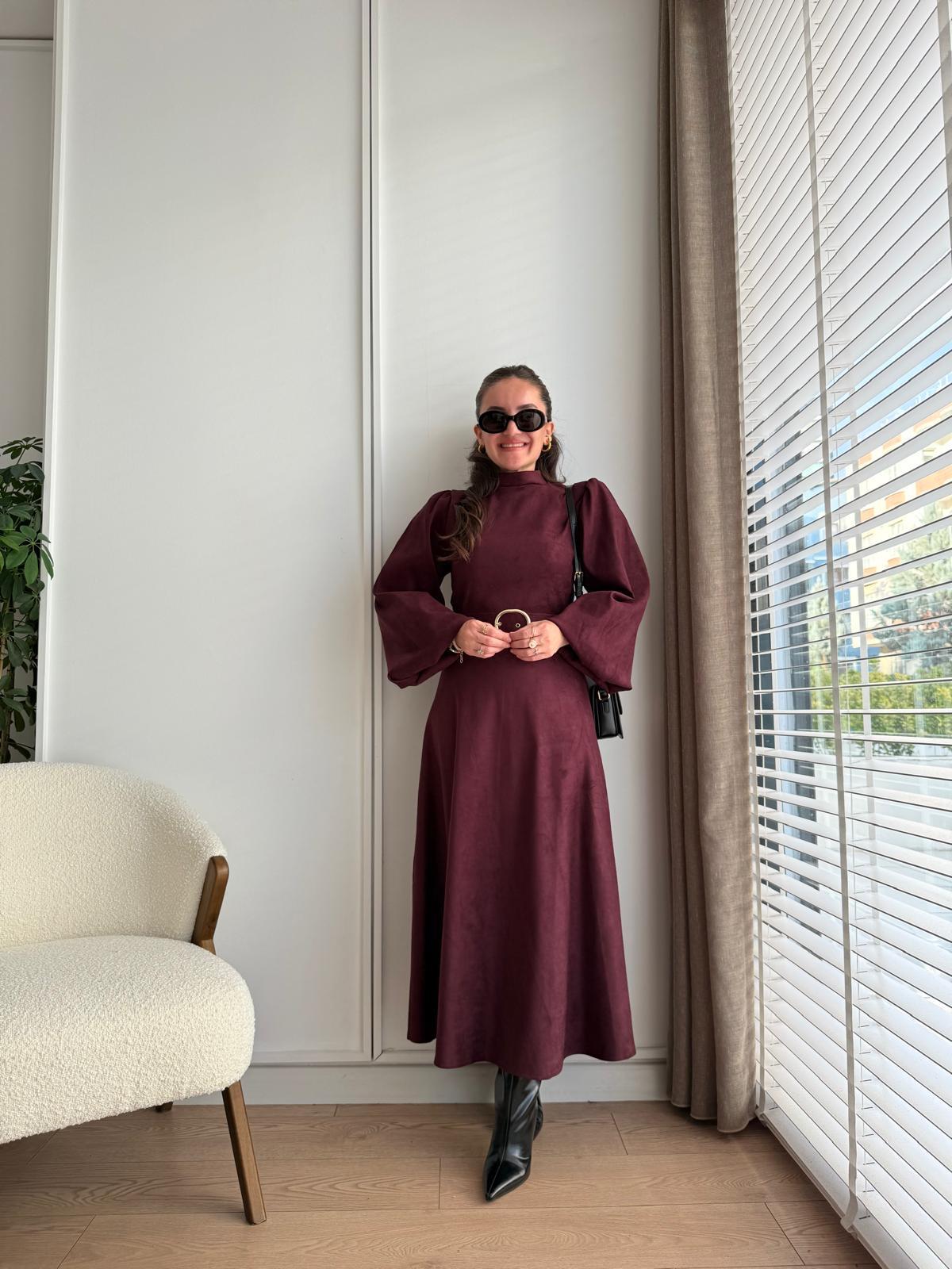 Mürdüm Kemerli Vatkalı Süet Elbise 9350