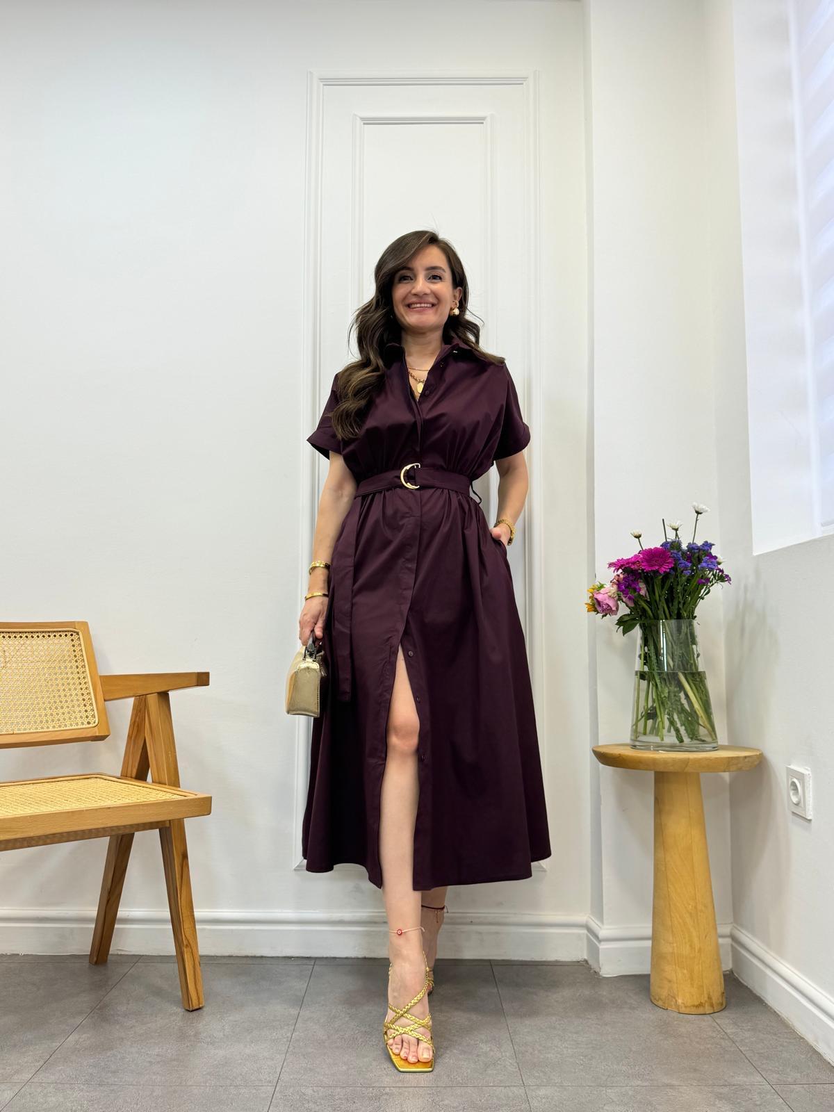 Mürdüm Lüx Kalite Kemerli Midi Boy Kısa Kol Elbise 9844