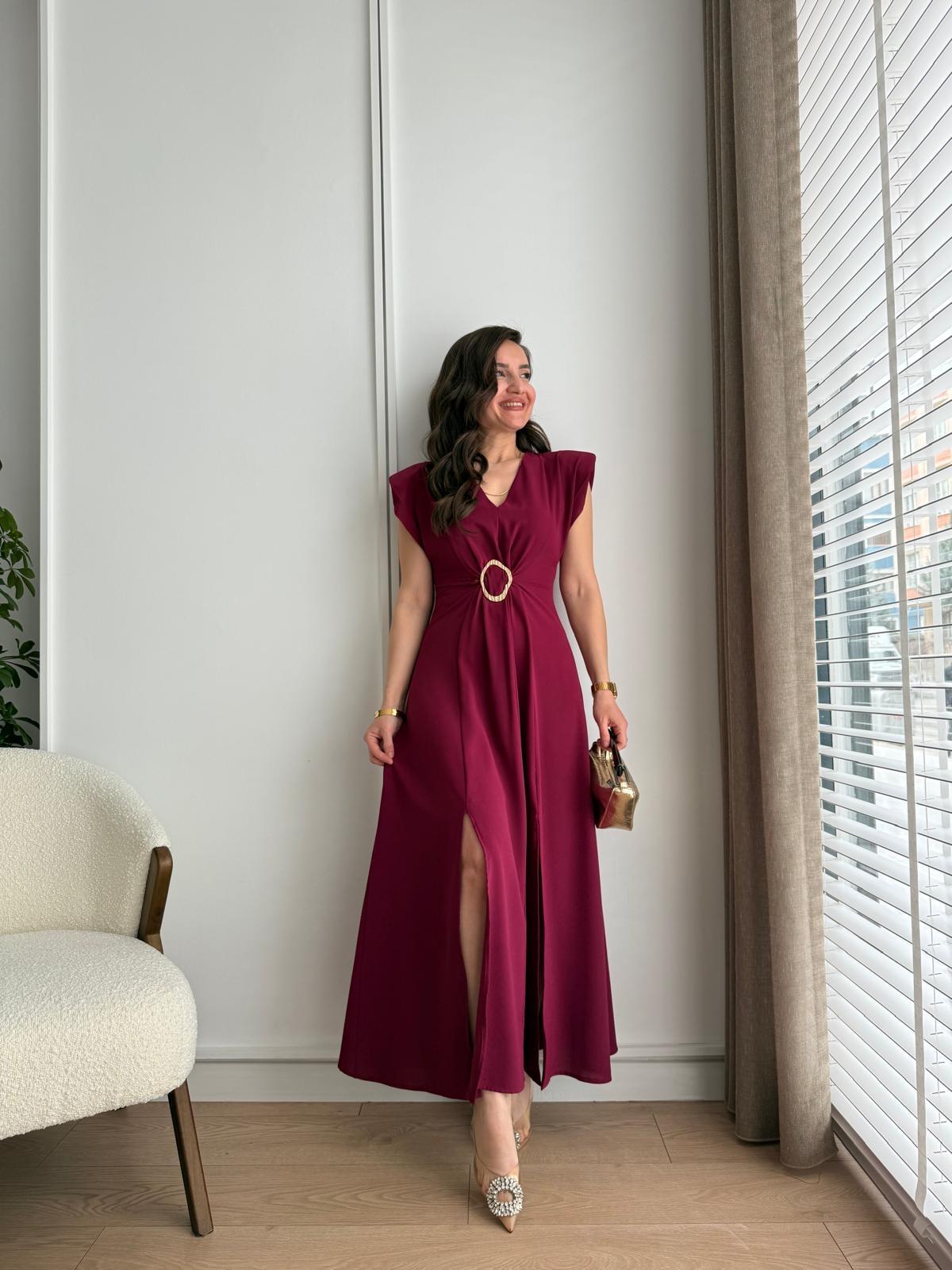 Mürdüm Ön Toka Detaylı Vatkalı Elbise 4506