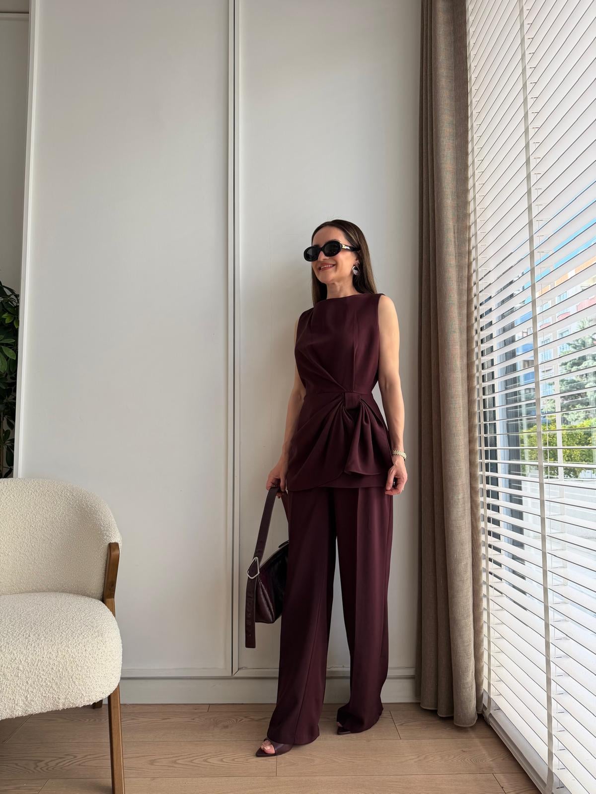 Mürdüm Pile Detaylı Düğümlü Bluz Pantolon Takım 9083