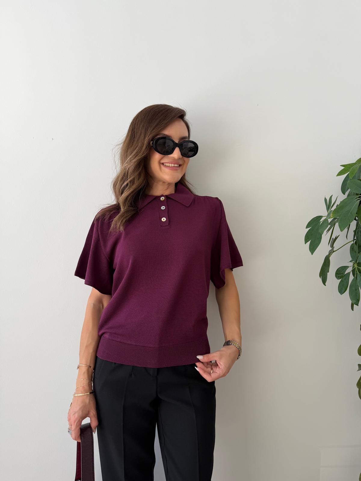 Mürdüm Üç Düğmeli Polo Yaka Bluz 5451