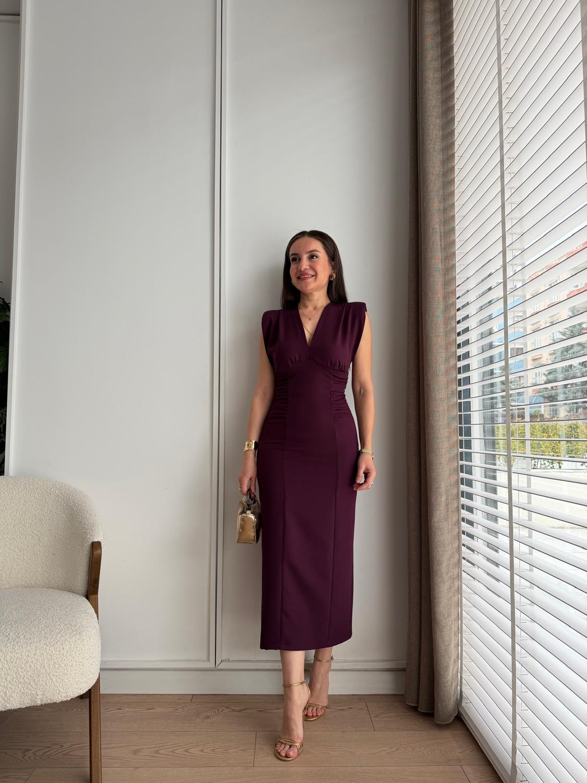 Mürdüm V Yaka Vatkalı Drapeli Elbise 0794