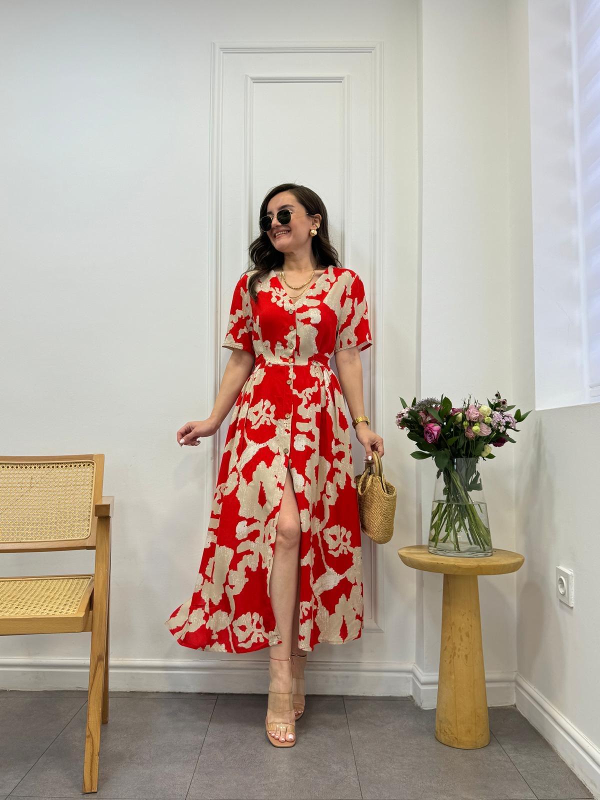 Nar çiçeği Desenli Önü Düğme Detaylı Kuşaklı Elbise 2187