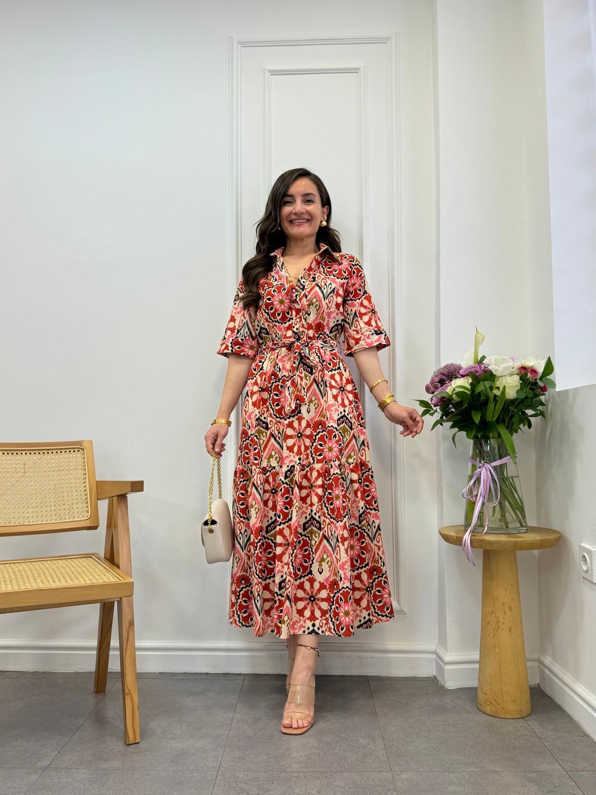 Nar çiçeği Gömlek Yaka Renkli Desenli Elbise 2381