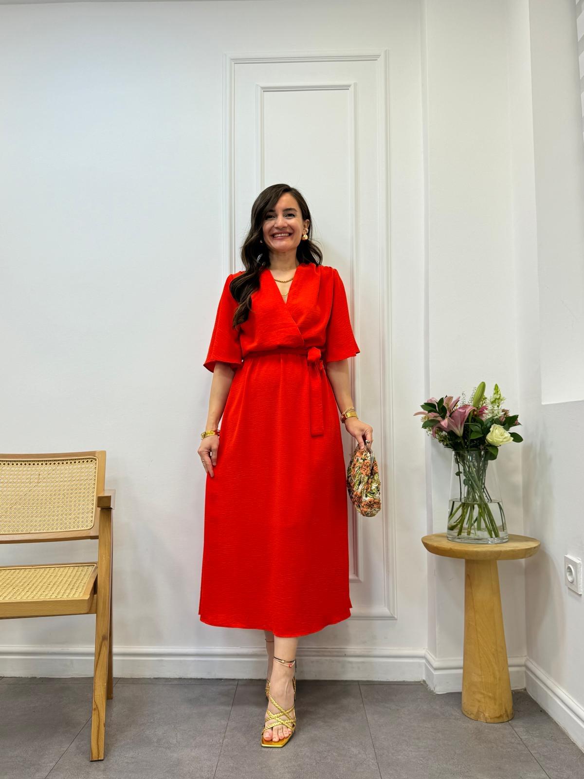 Nar çiçeği Kruvaze Yaka Bel Lastik Detaylı Yırtmaçlı Elbise 2899