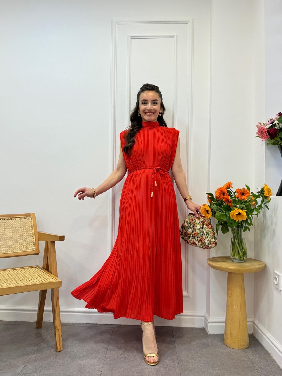 Nar çiçeği Piliseli Örgü Kemerli Şifon Elbise 6146