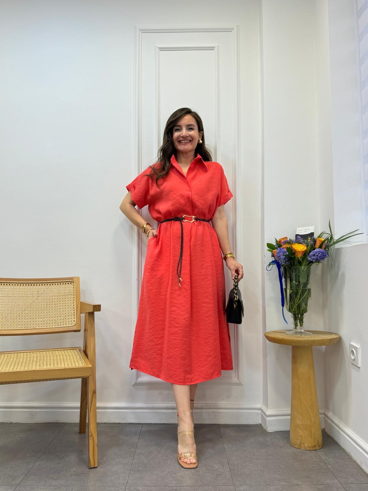 Nar çiçeği Polo Yaka Tensel Kumaş Elbise 4653