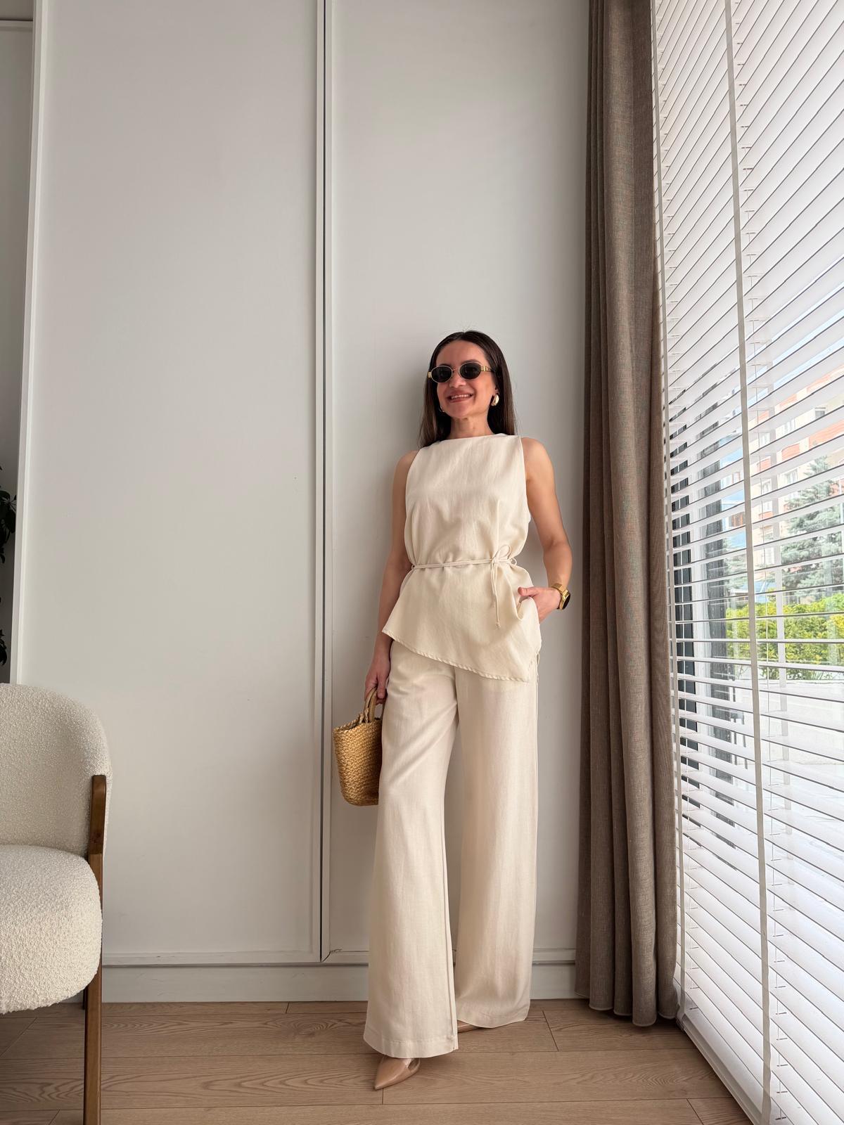 Naturel Asimetrik Kesim Bluz Pantolon Takım 8784