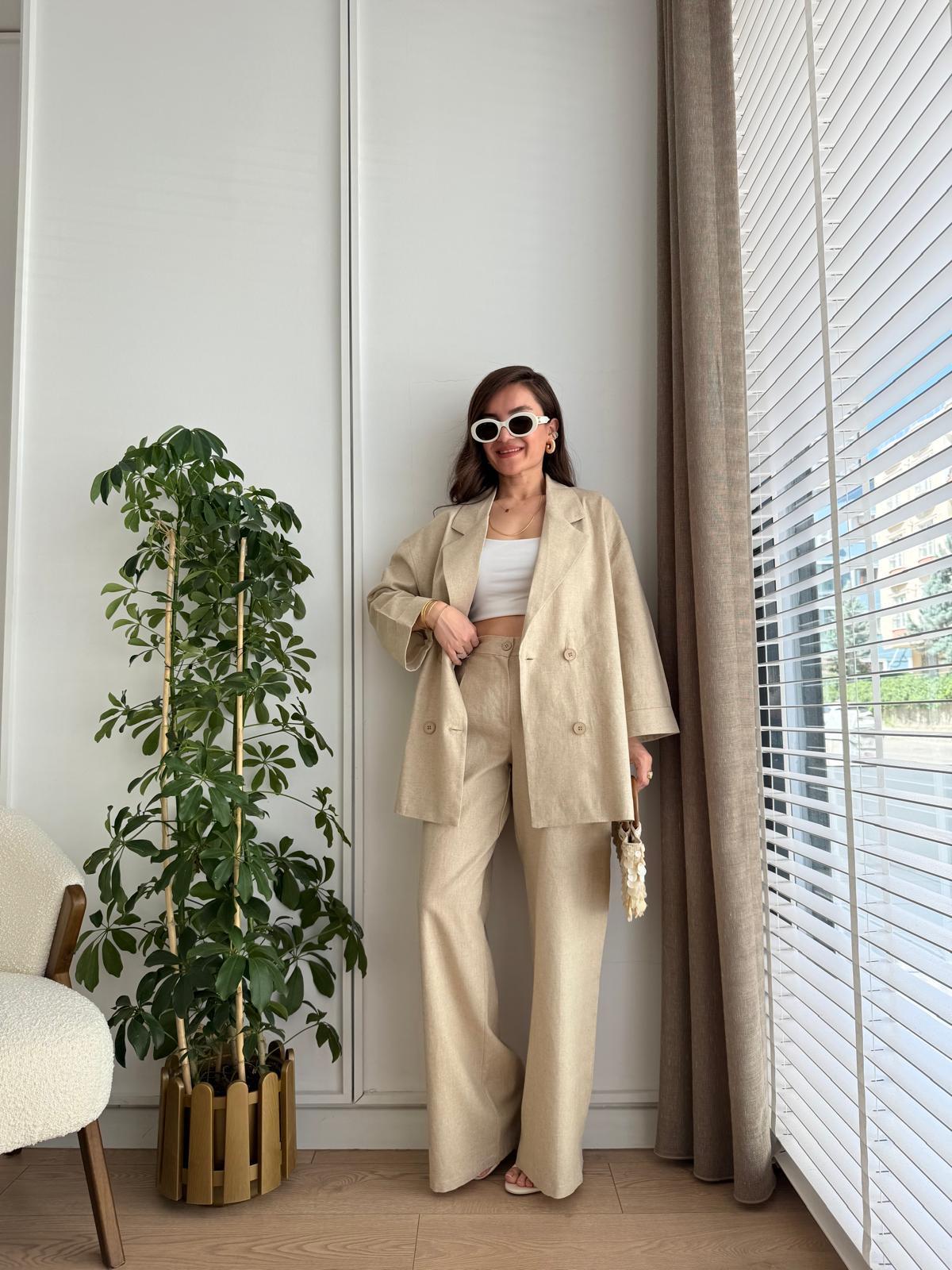 Naturel Kruvaze Yaka Double Kol Ceket Pantolon Takım 7229