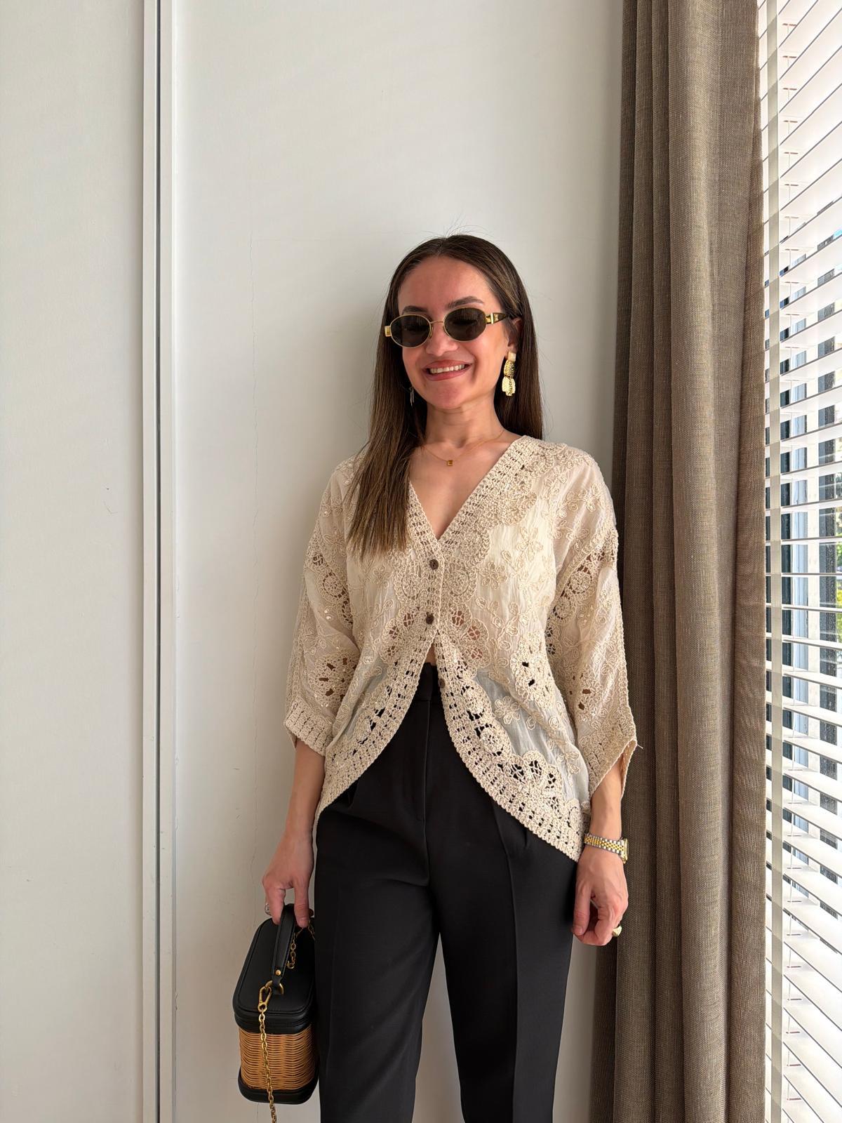 Naturel Pullu Dantel İşlemeli Kimono 39750