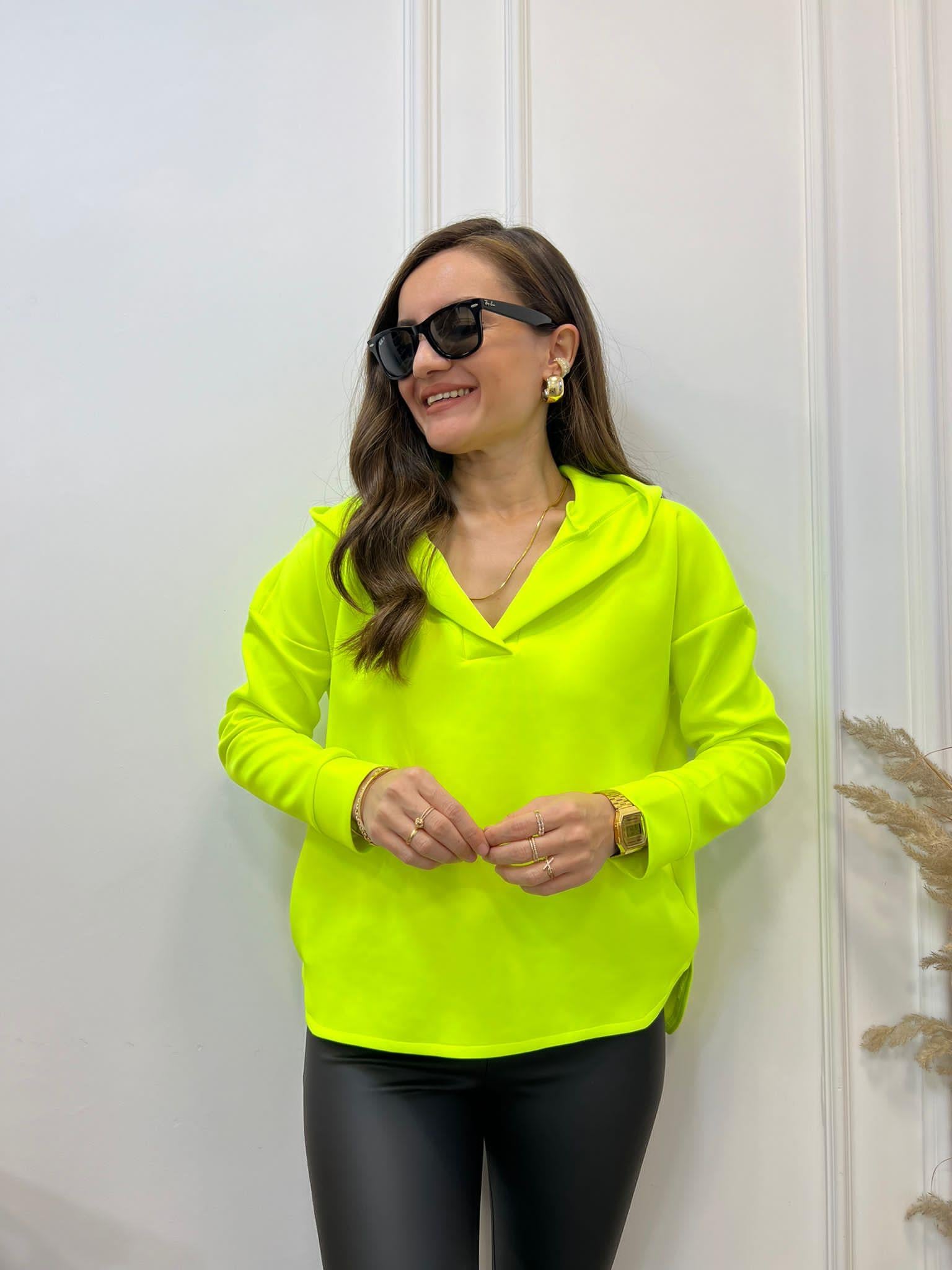 Neon Sarı Scuba Kumaş Kapüşonlu Sweatshirt 1001