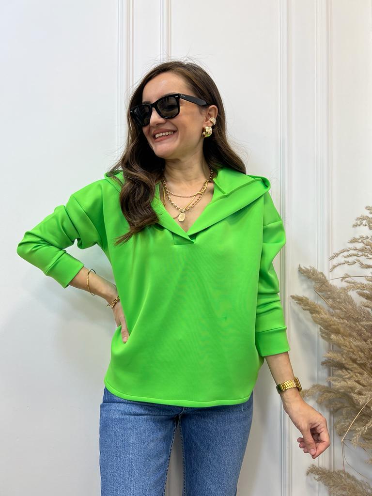 Neon Yeşili Scuba Kumaş Kapüşonlu Sweatshirt 1001