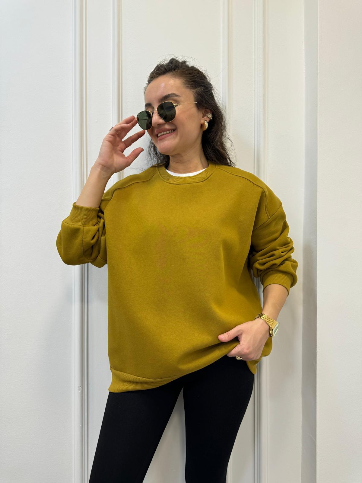 Olive Bisiklet Yaka Şardonlu Sweatshırt 241002