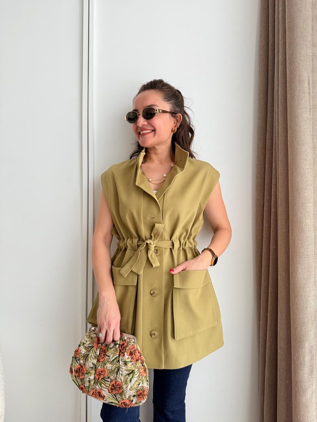 Olive Cep Detaylı Bel Bağlama Tasarım Yelek 7408
