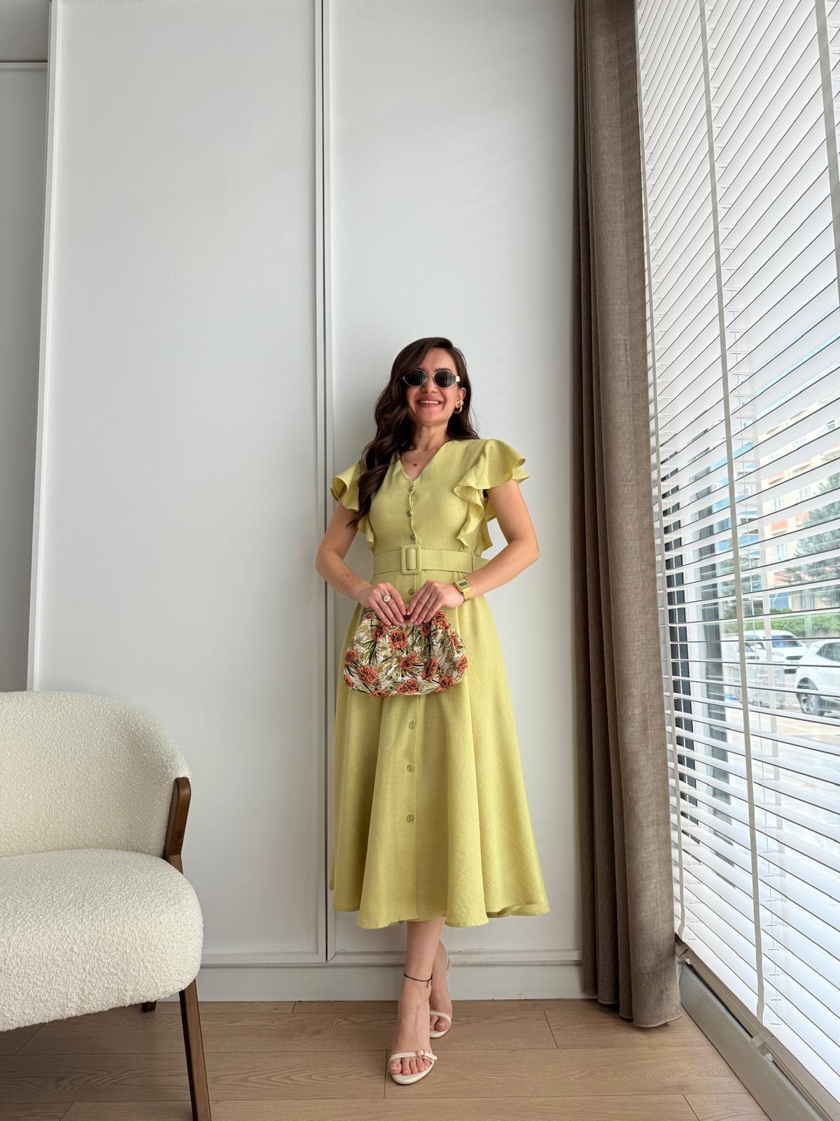 Olive Kolları Fırfır Detaylı Kemerli Midi Boy Elbise 5154