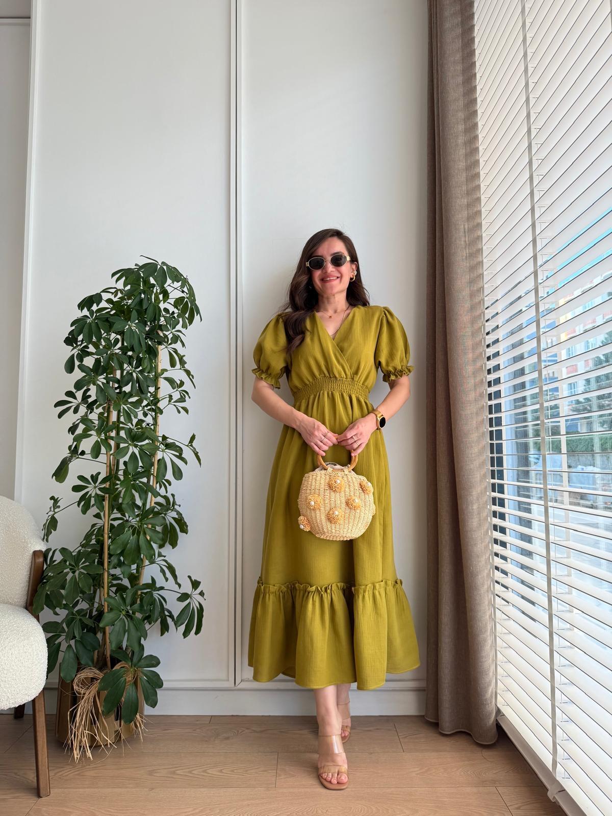 Olive Kruvaze Yaka Bel Lastikli Keten Elbise 1292