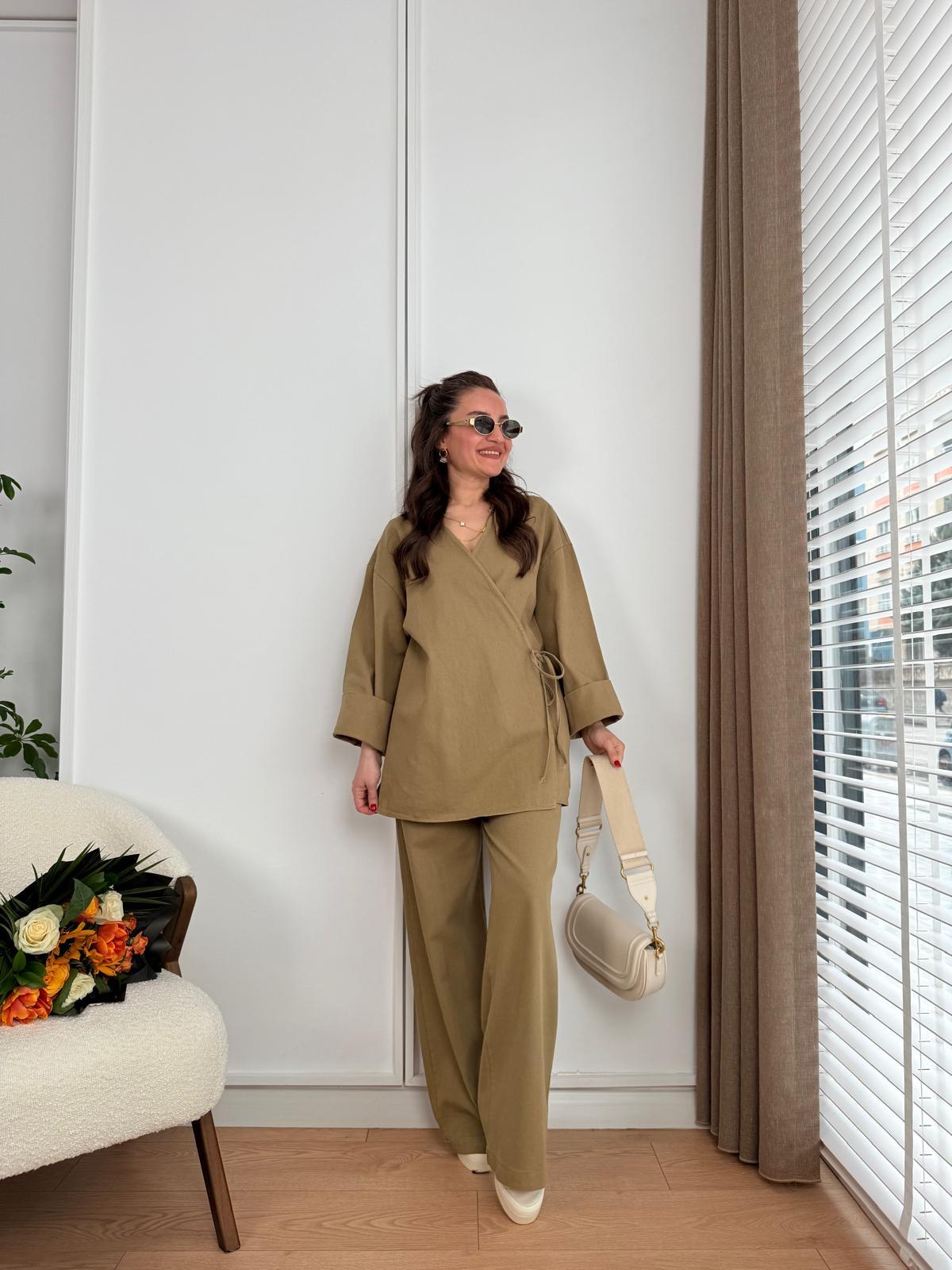 Olive Ön Bağlama Gabardin Kimono Takım 8629