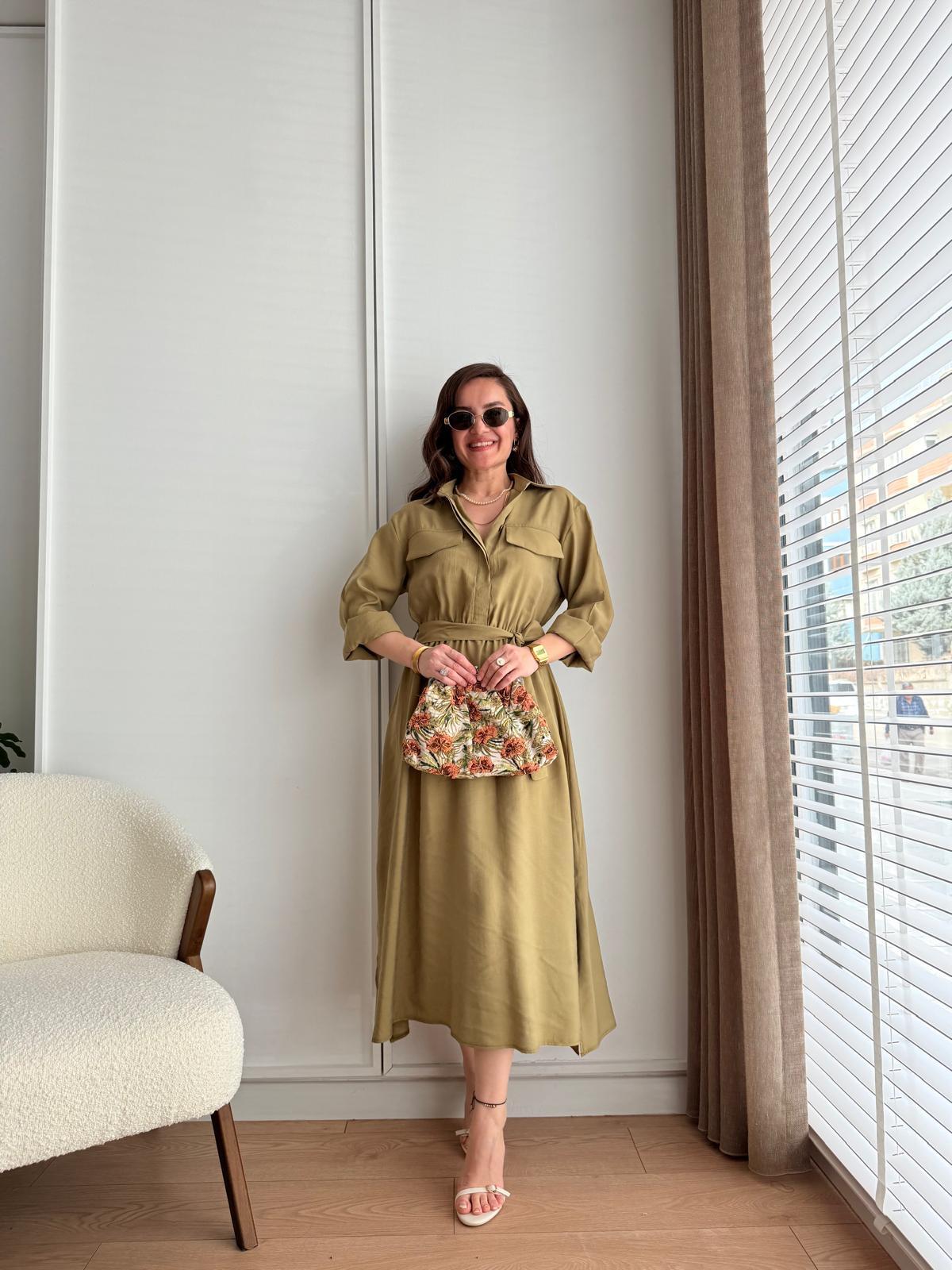 Olive Tensel Kumaş Beli Lastikli Yanları Yırtmaçlı Gömlek Elbise 2259