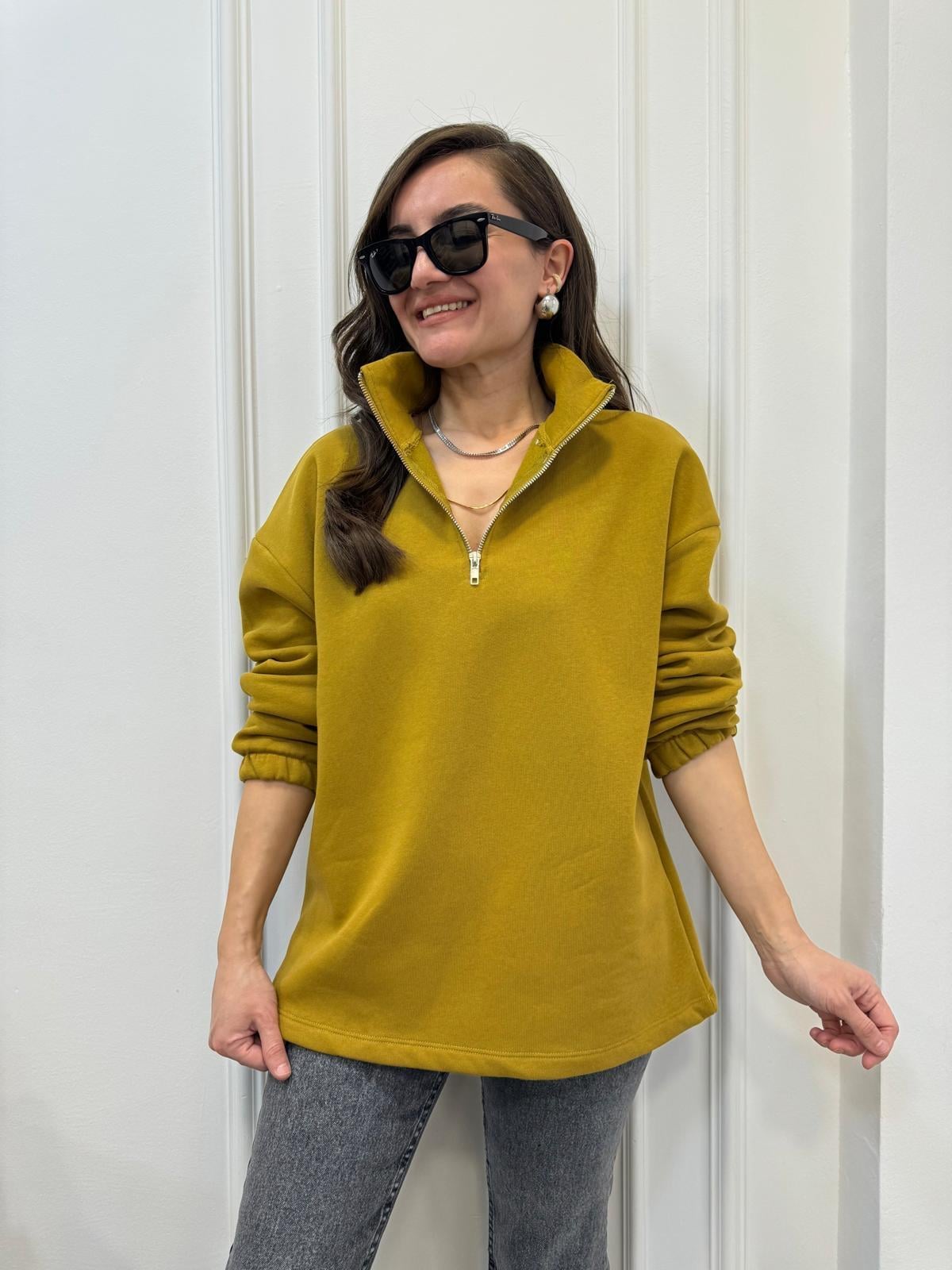 Olive Yarım Fermuar Dik Yaka Sweatshırt 241010