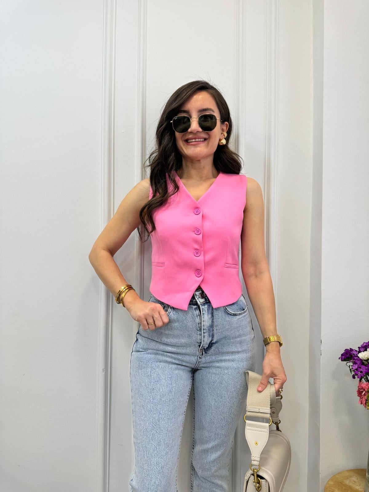 Pembe Arkası Kemer Detaylı Yelek 1234