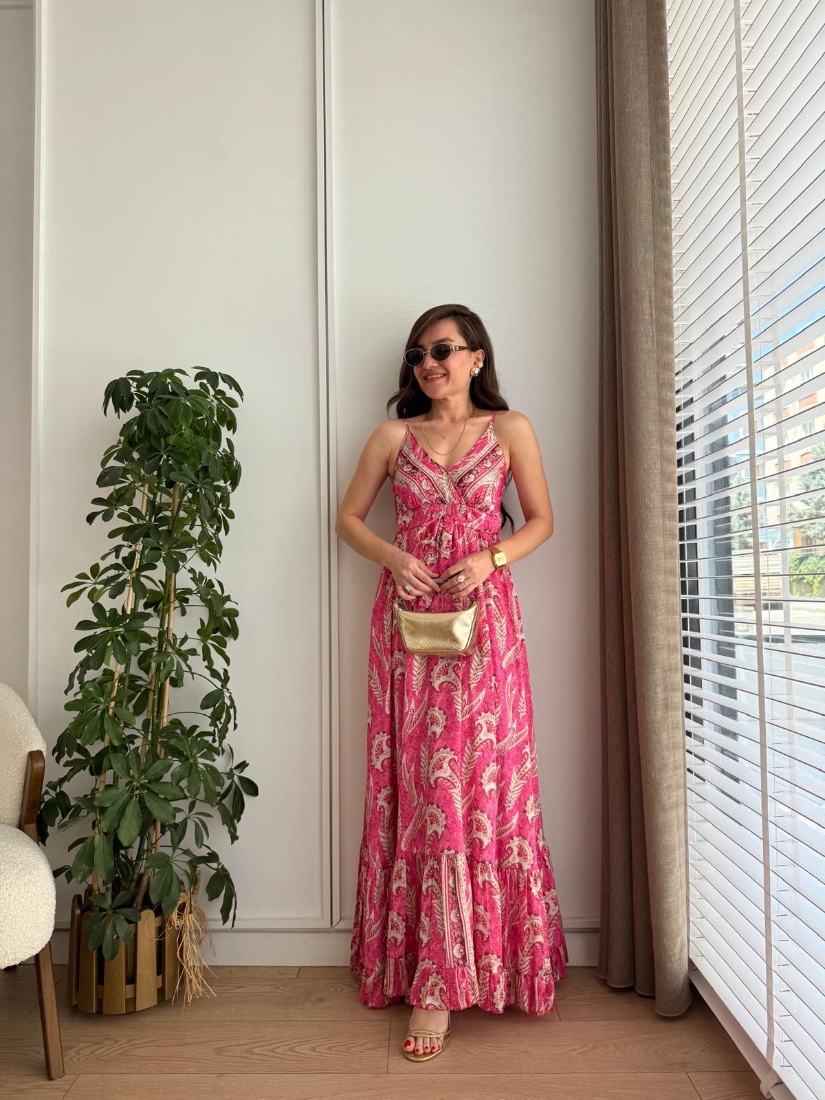 Pembe Askılı Lüx Kalite Tasarım Saten Elbise 36095