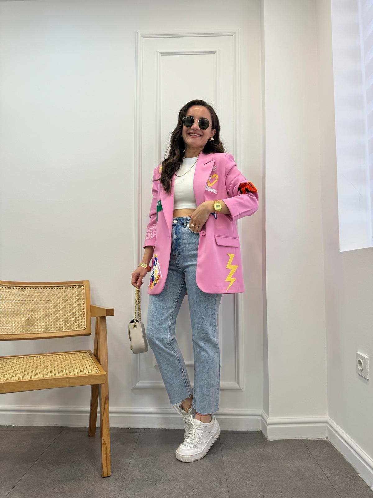 Pembe Barbies Nakış Detaylı Blazer Ceket 2802