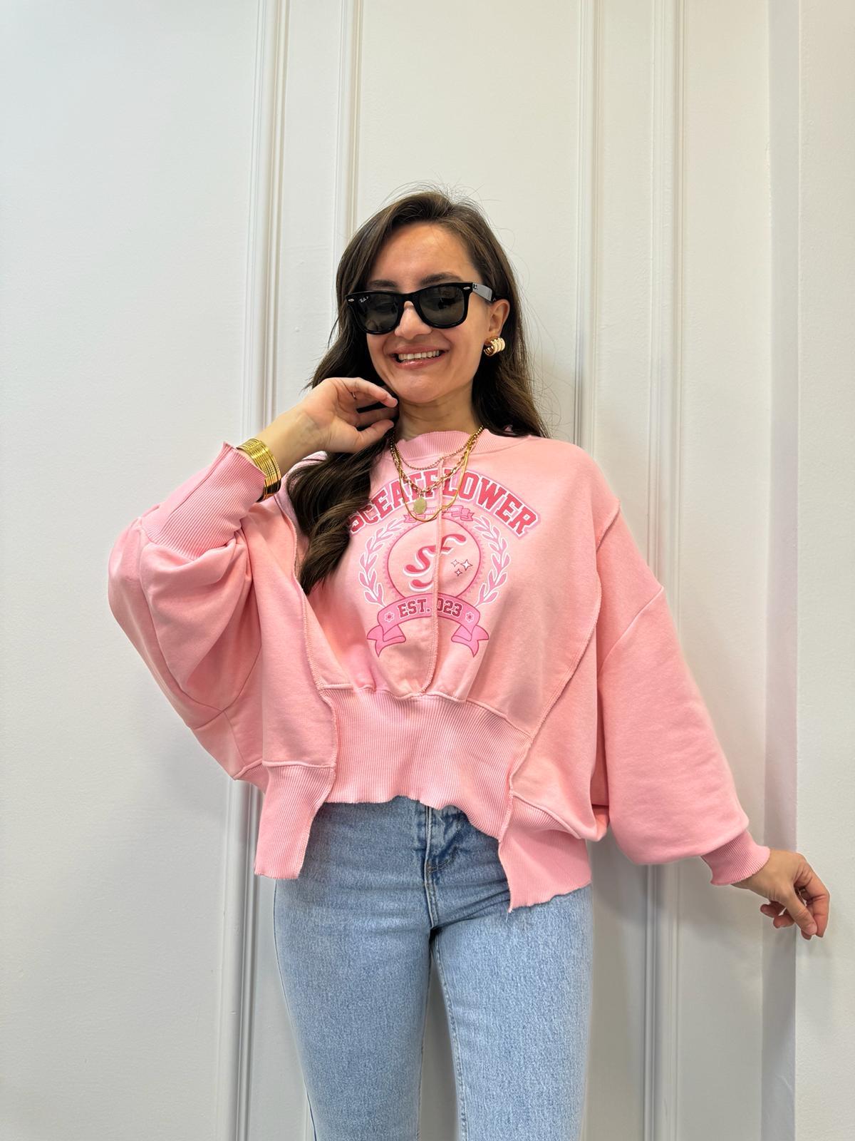 Pembe Baskılı Önü Dikiş Detaylı Tasarım Sweatshirt 7828
