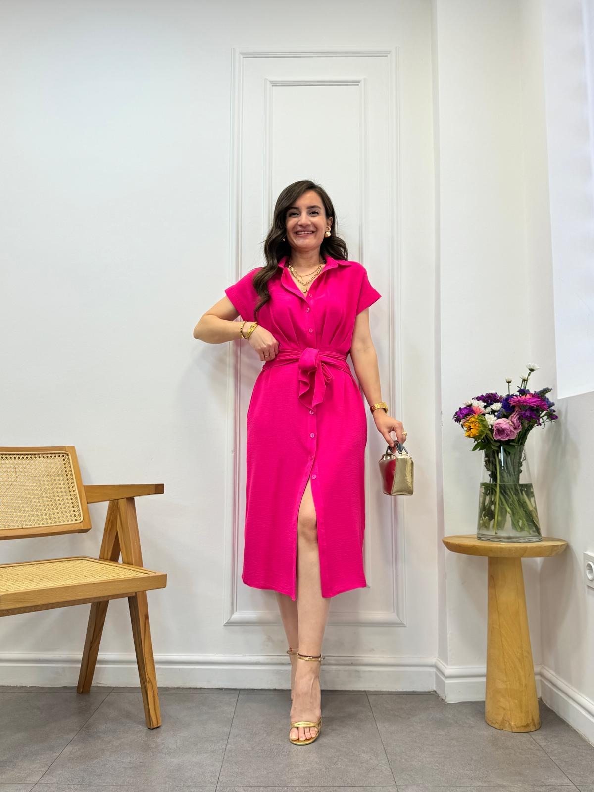 Pembe Beli Kendinden Kuşaklı Düğmeli Gömlek Elbise 0205