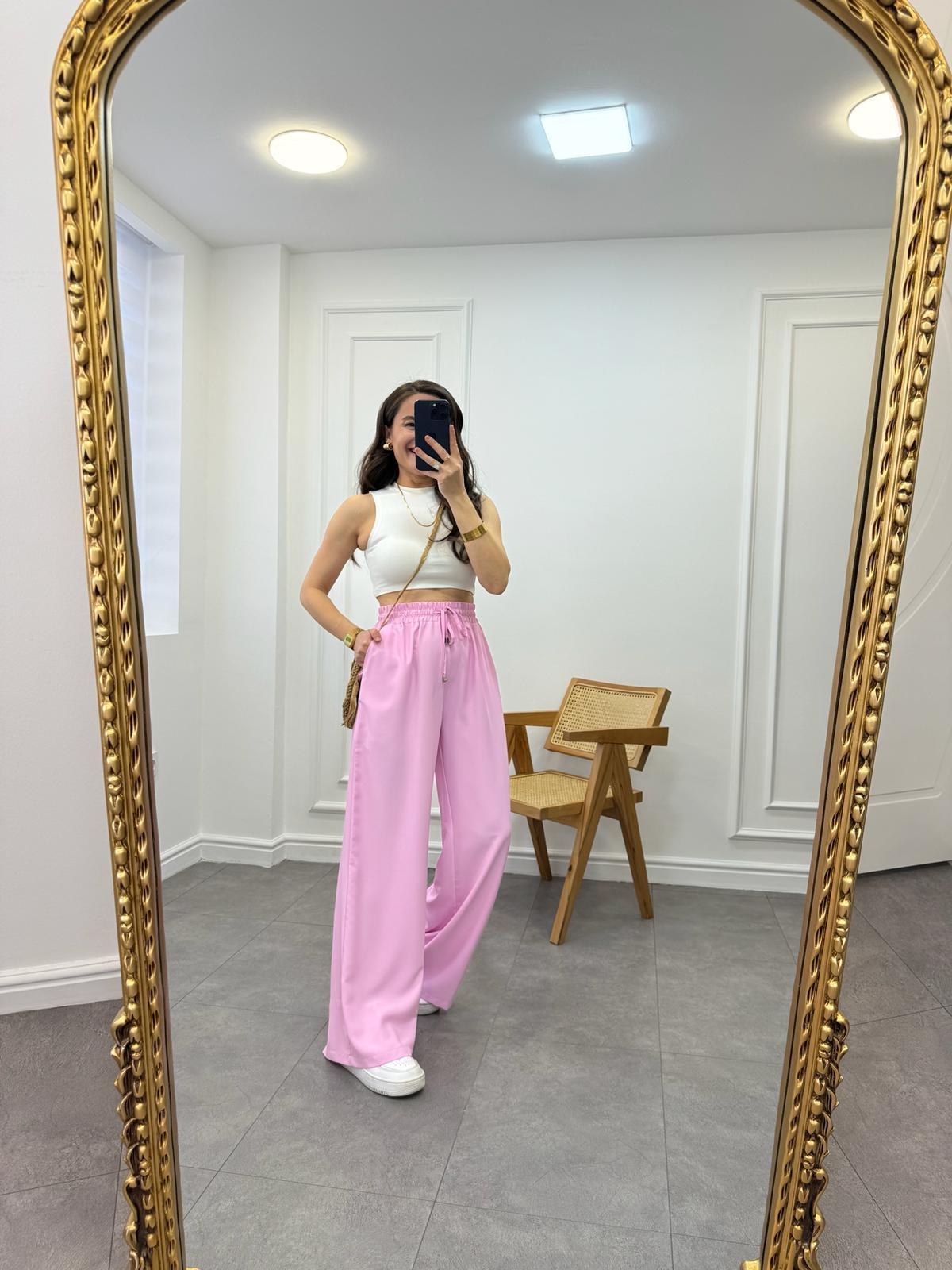 Pembe Beli Lastikli Özel Dokulu Salaş Pantolon 0118