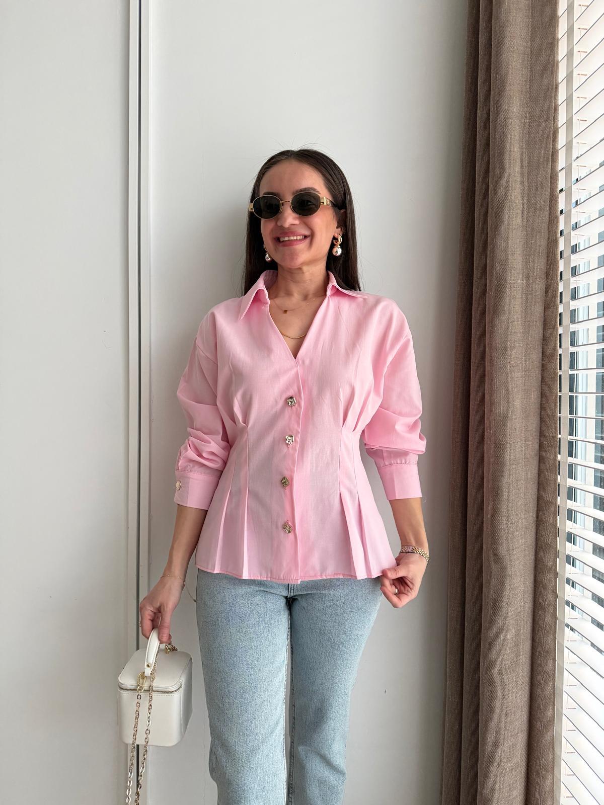 Pembe Beli Pile Detaylı V Yaka Gömlek 2222