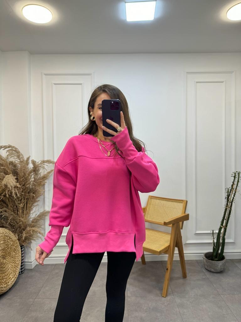 Pembe Bisiklet Yaka Yırtmaçlı Geniş Manşetli Sweatshirt E013