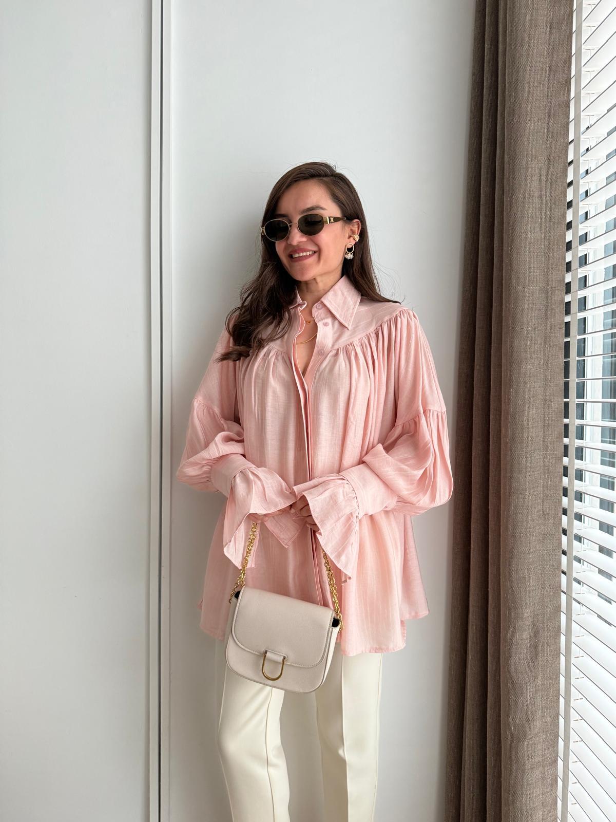Pembe Büzgülü Kol Detaylı Gömlek 2116