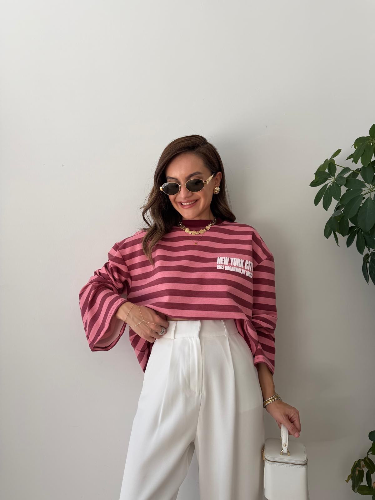 Pembe Çizgili Baskılı Sweatshirt 1130
