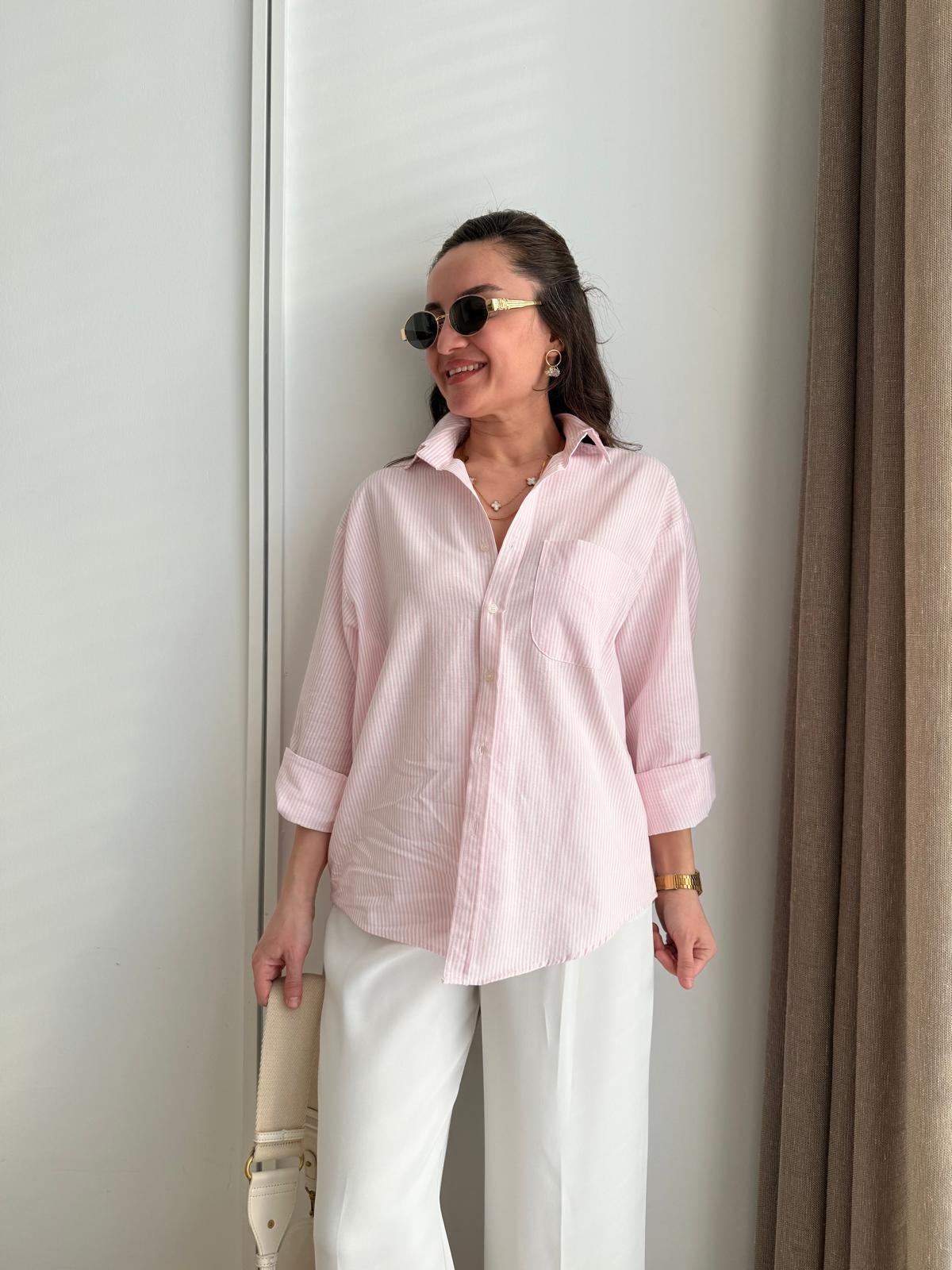 Pembe Çizgili Cepli Oversize Gömlek 0066
