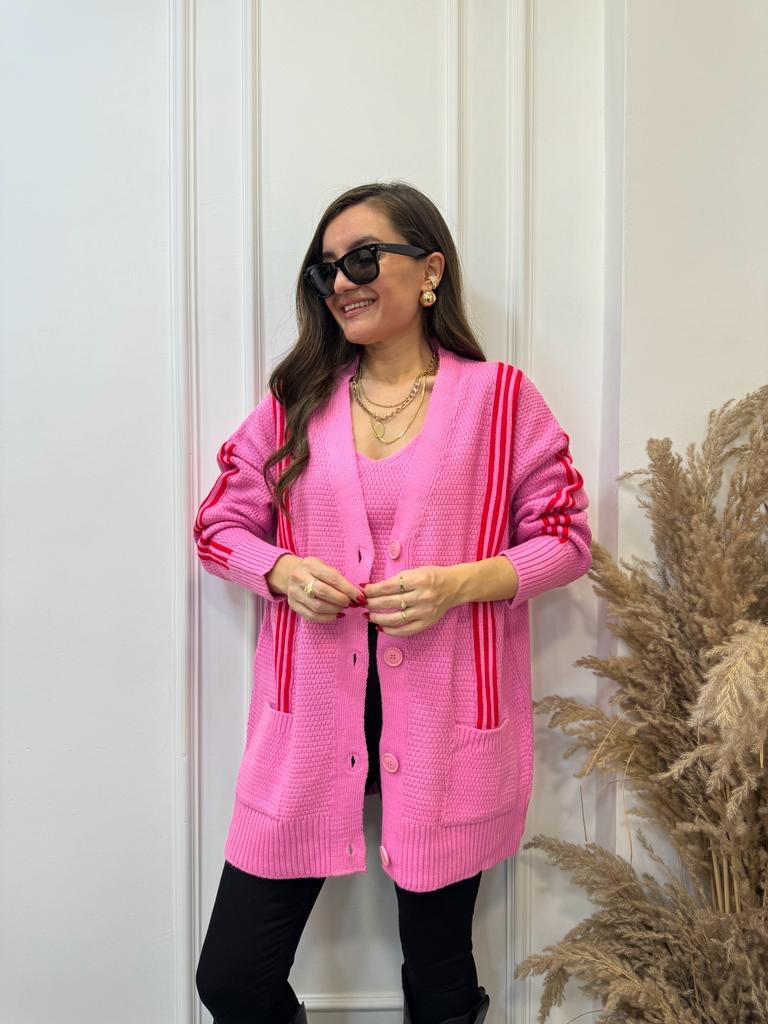 Pembe Çizgili Crop Hırka Takım 0023