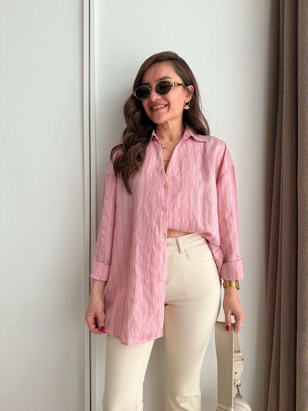 Pembe Çizgili Oversize Gömlek 5299