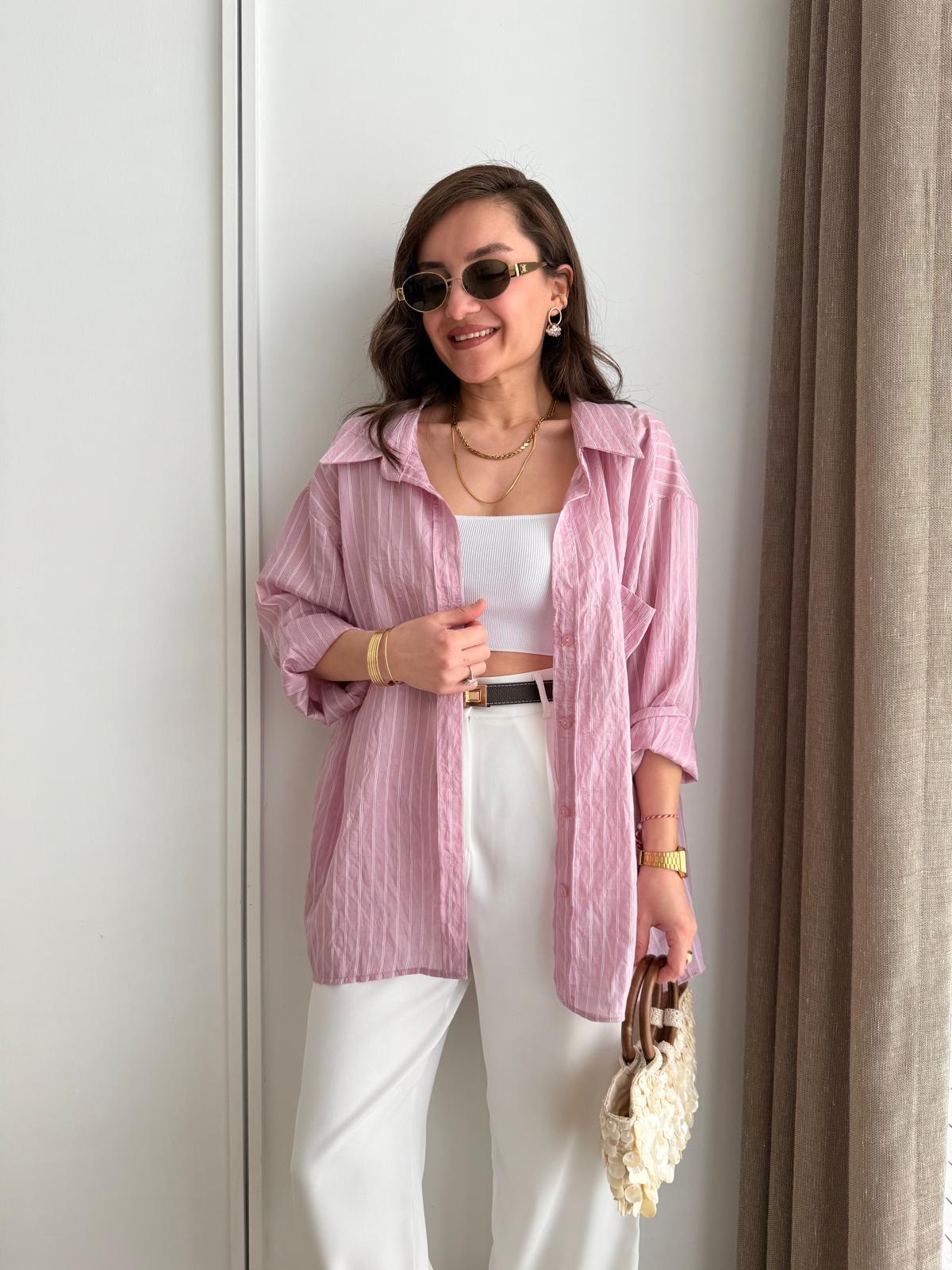 Pembe Çizgili Oversize Gömlek 5320