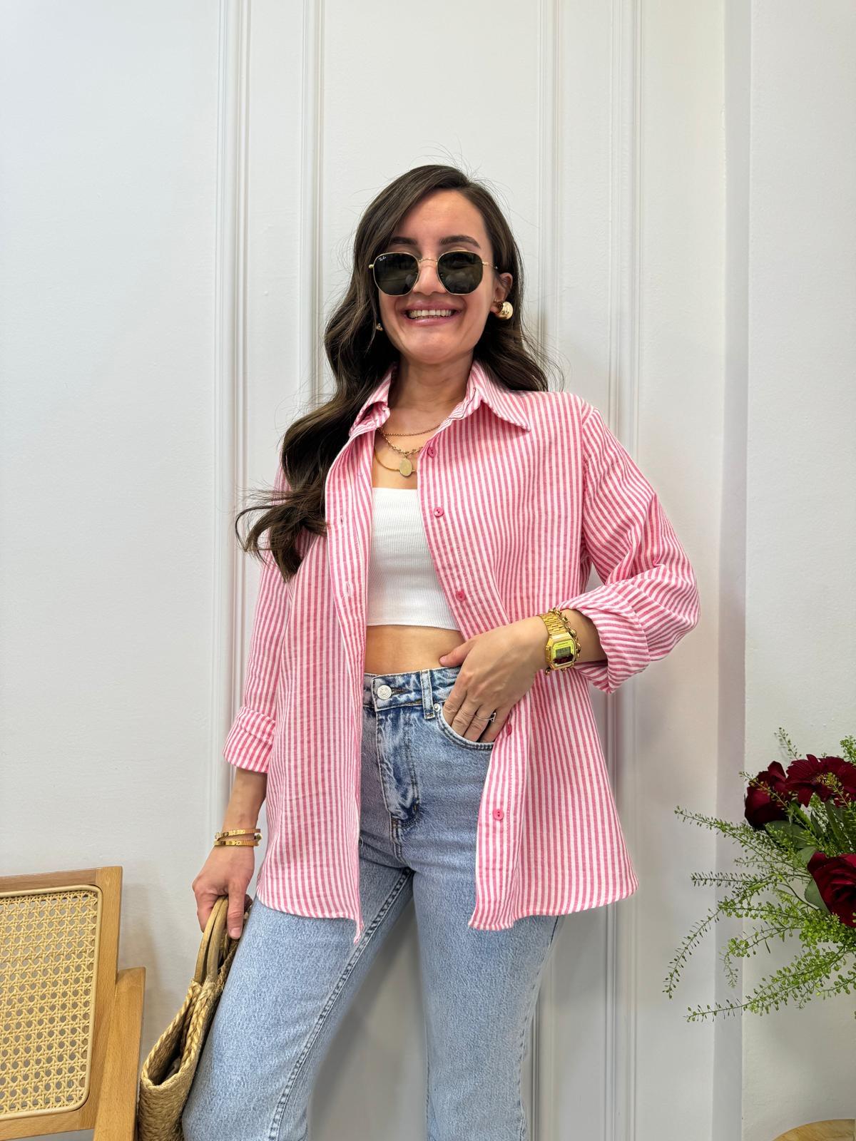 Pembe Çizgili Sırt Detaylı Keten Gömlek 58812