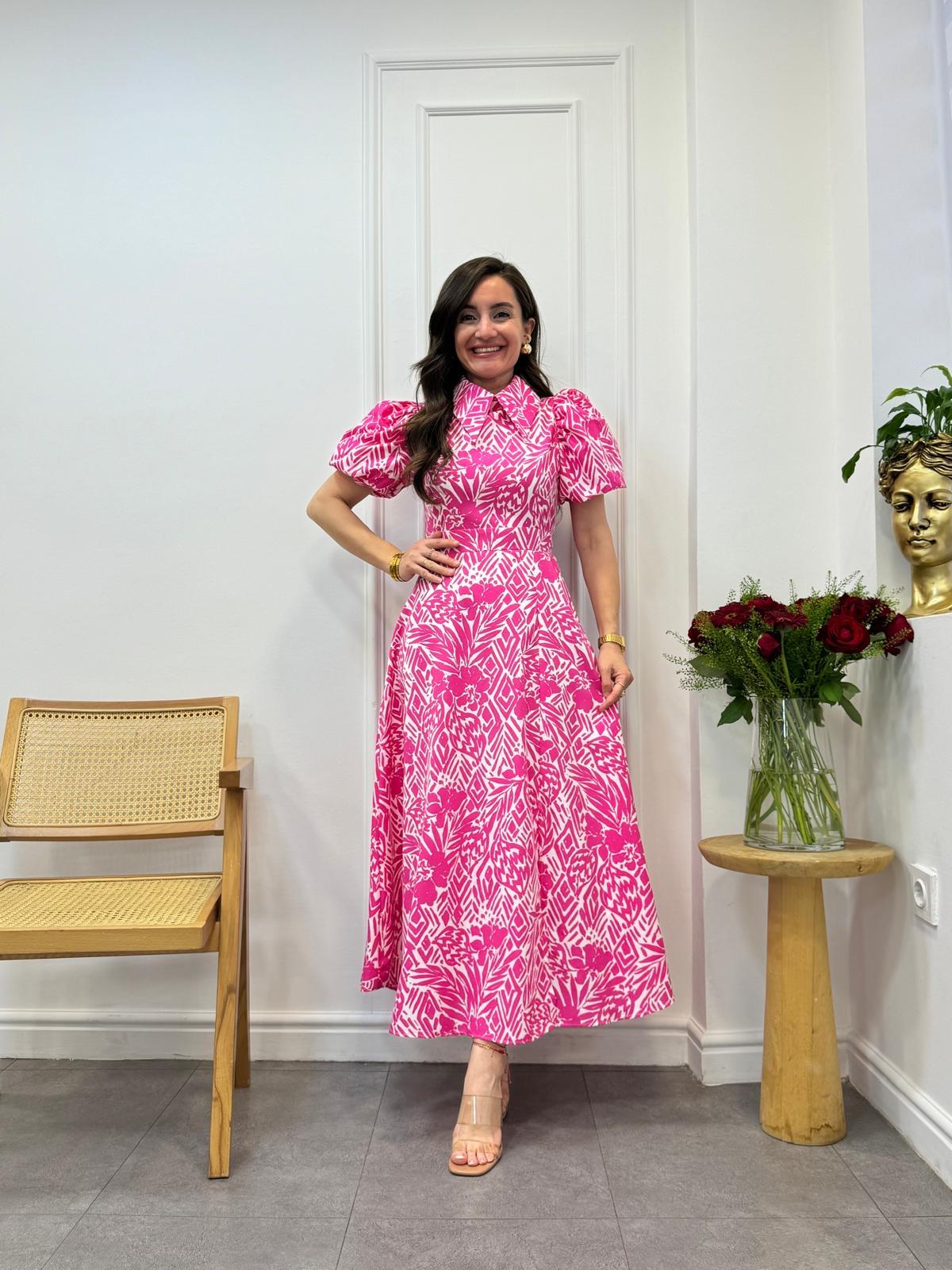 Pembe Desenli Bebe Yaka Balon Kol Kuşaklı Elbise 4182