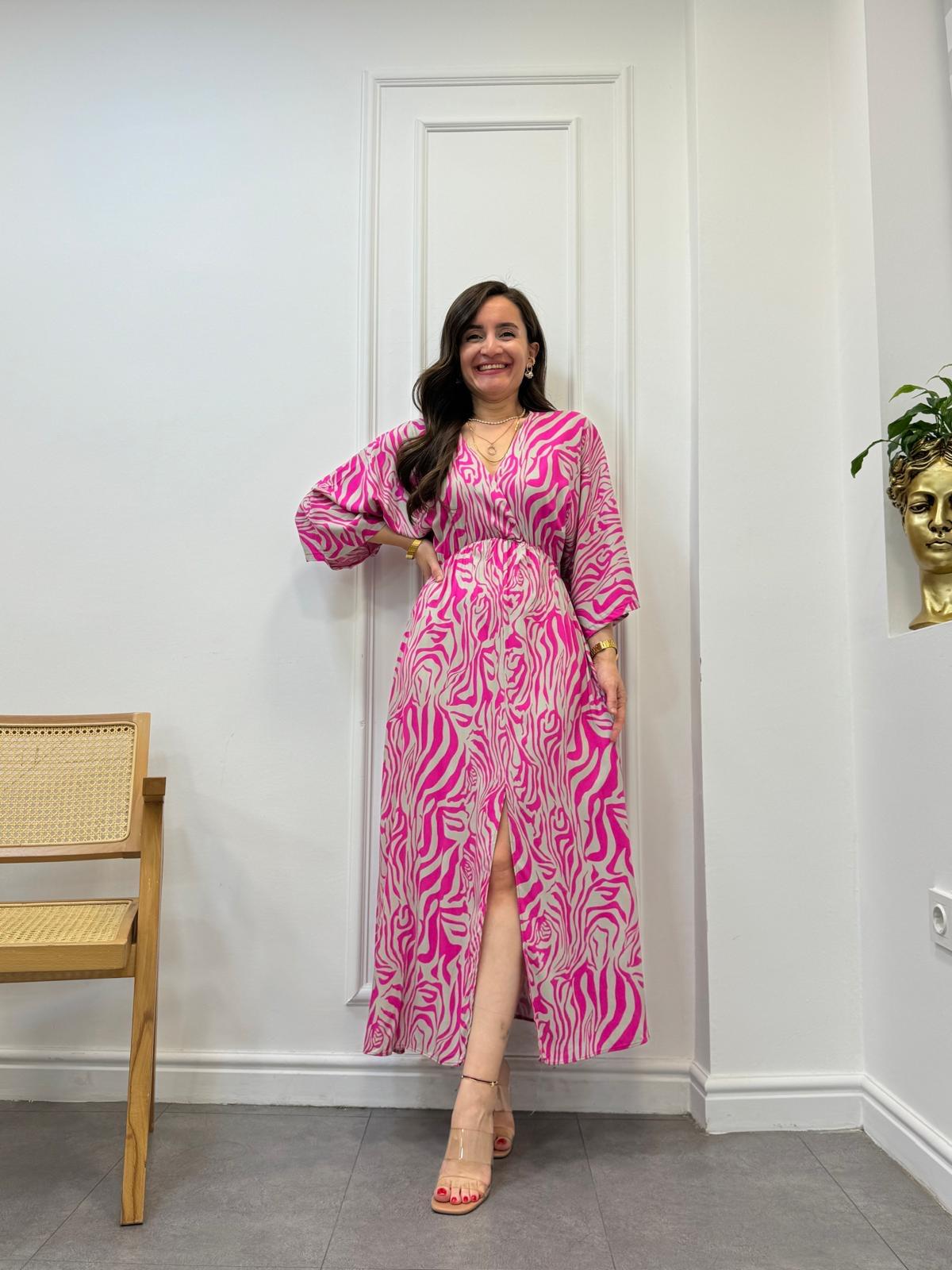 Pembe Desenli Bel Lastikli Yırtmaç Detaylı Elbise 3003