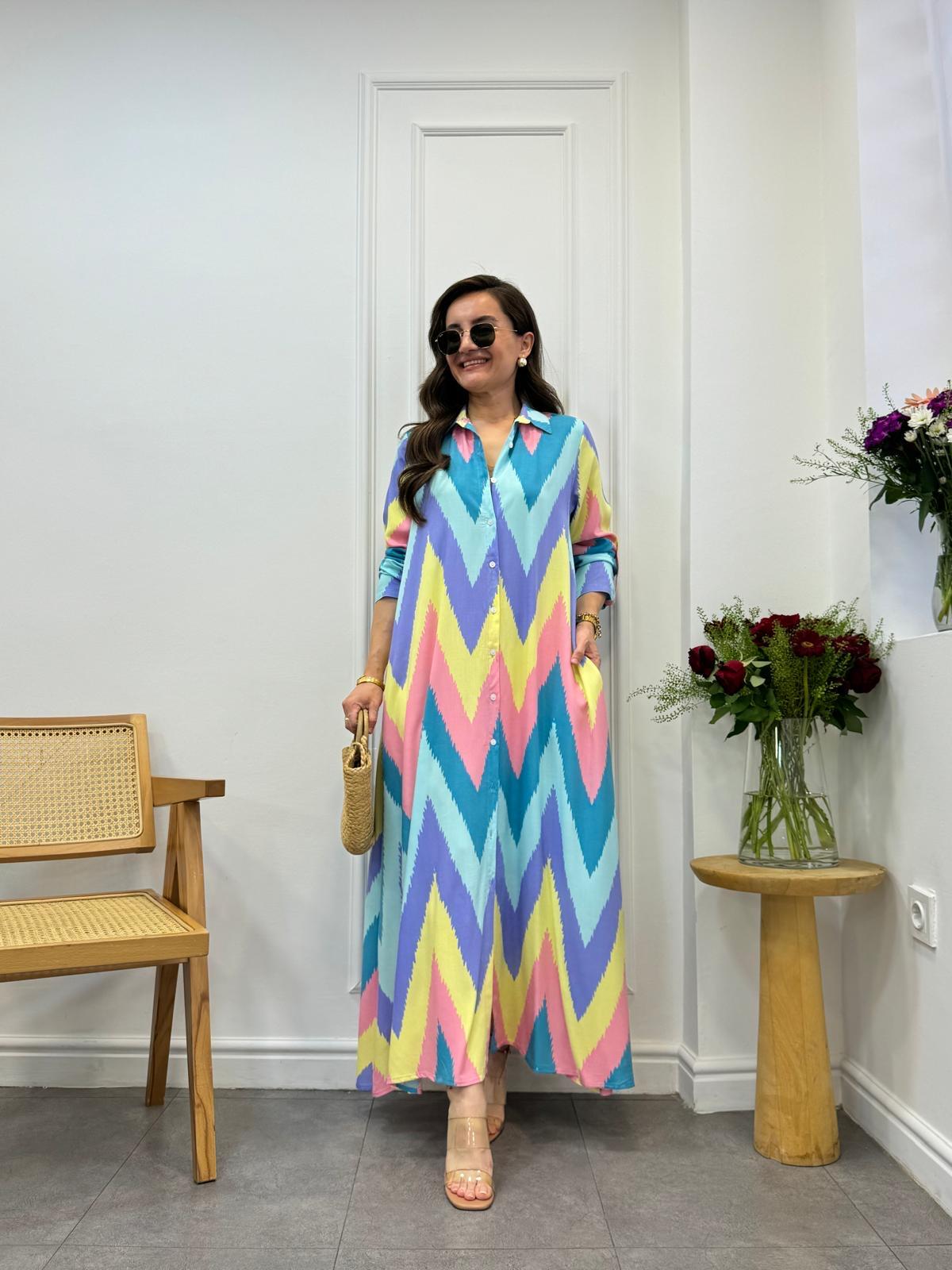 Pembe Desenli Gömlek Elbise 3033