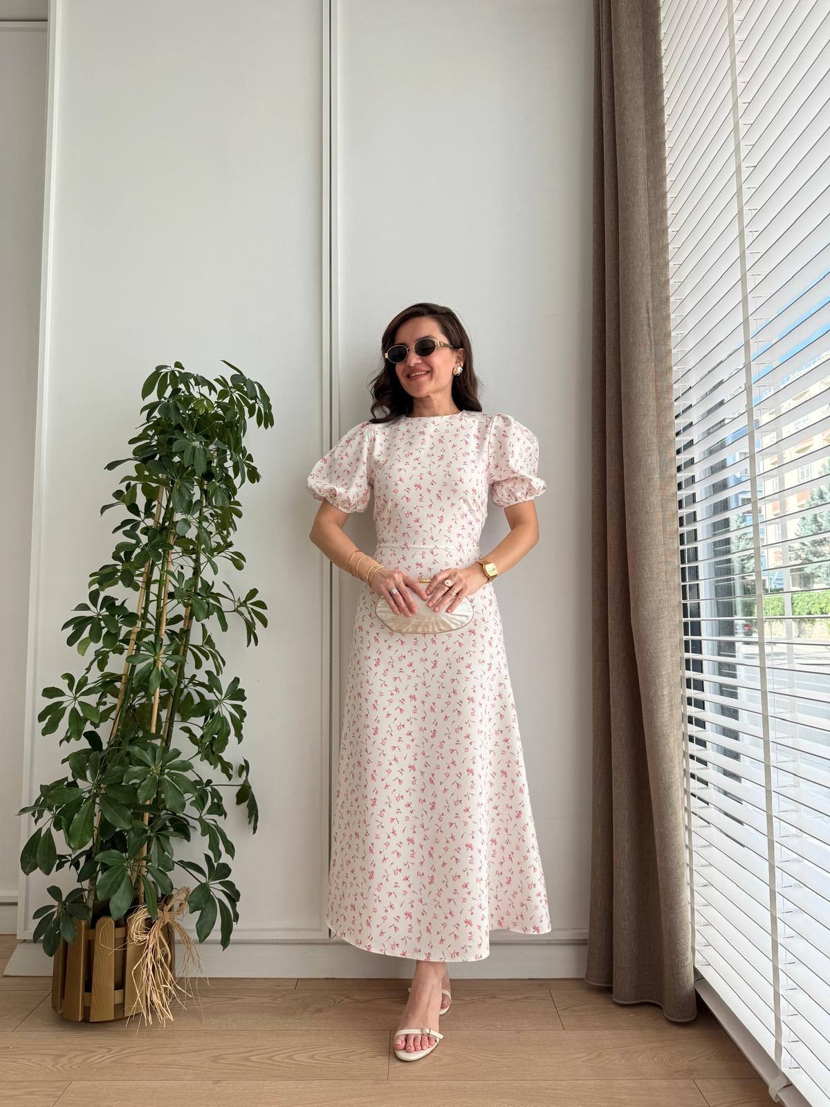 Pembe Dijital Çiçek Baskılı Balon Kol Elbise 8955