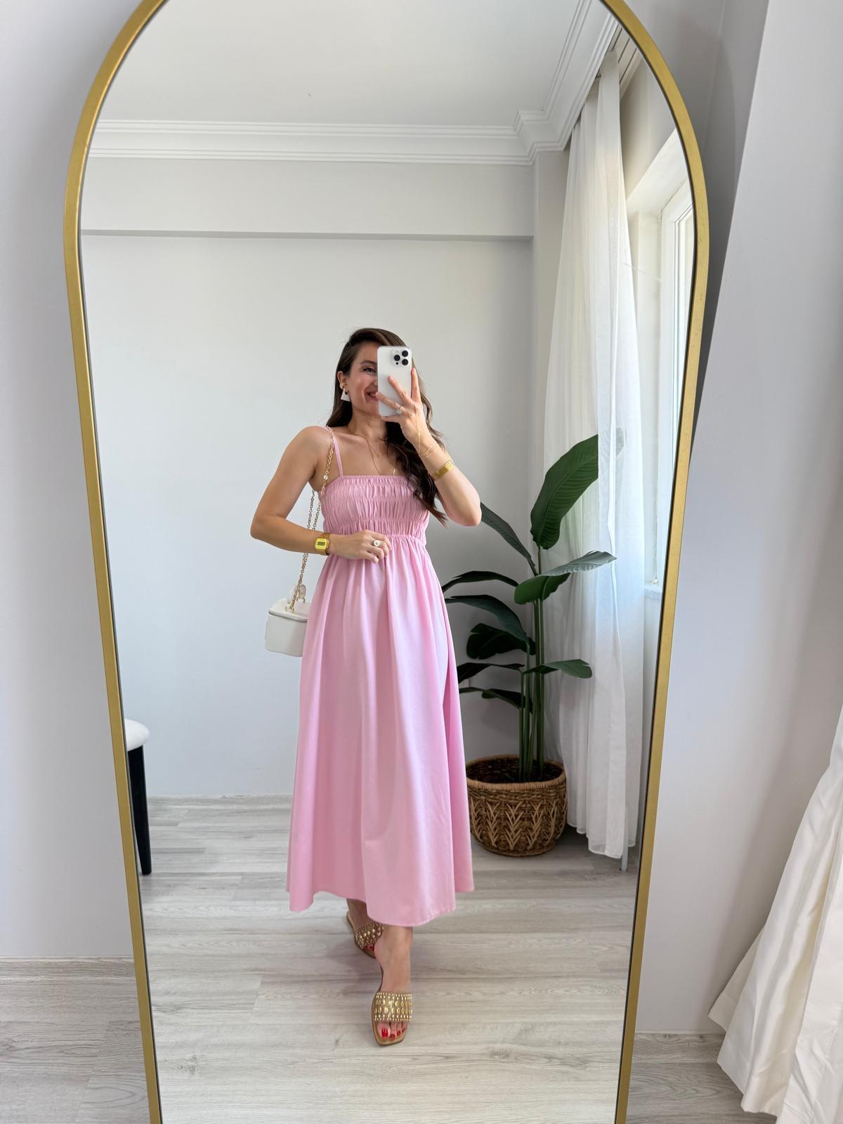 Pembe Gögüs Gipeli Keten Elbise 2310