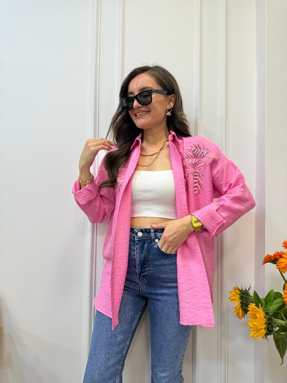Pembe İnci Nakış Detaylı Gömlek 1041