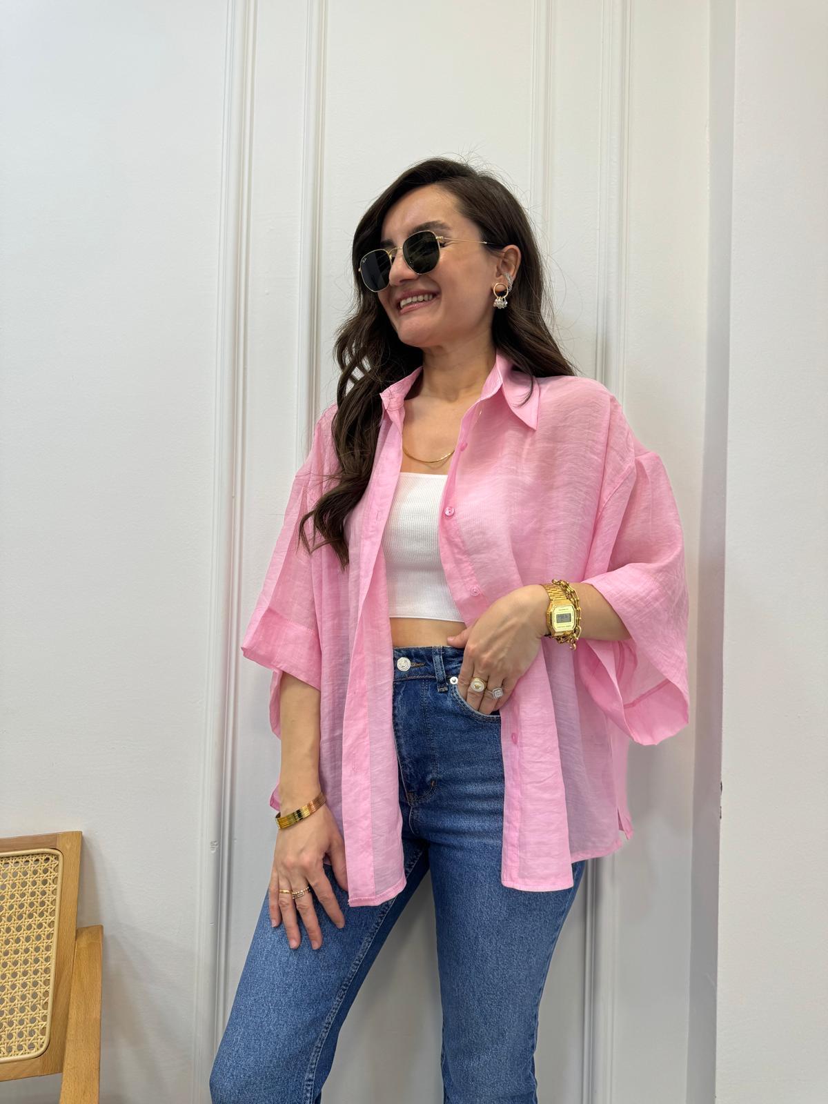 Pembe İpek Kumaş Kısa Kollu Gömlek 4927